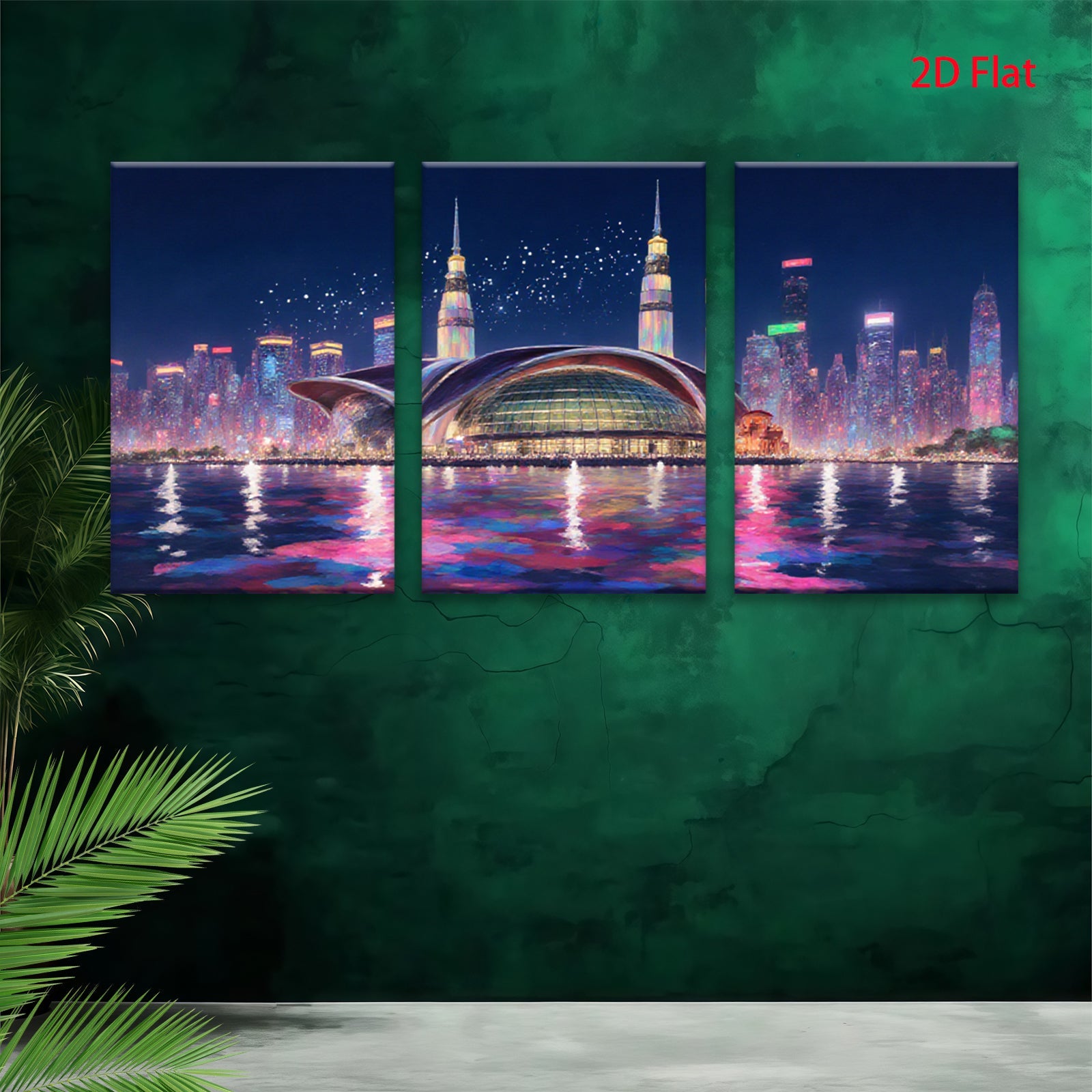2D flat 1pc Modern Cityscape Night View Wall Art Living Room Bedroom Decor Canvas Prints Framed Ready to Hang Gallery Wrapped Teal Gold Artwork