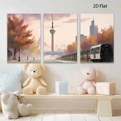 2D flat 1pc Modern Cityscape Railway Autumnal Wall Art Living Room Bedroom Decor Gallery Wrapped Canvas Prints for Home Office Modern Farmhouse Aesthetic
