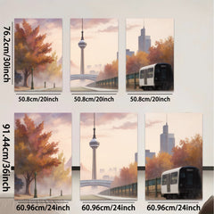 2D flat 1pc Modern Cityscape Railway Autumnal Wall Art Living Room Bedroom Decor Gallery Wrapped Canvas Prints for Home Office Modern Farmhouse Aesthetic