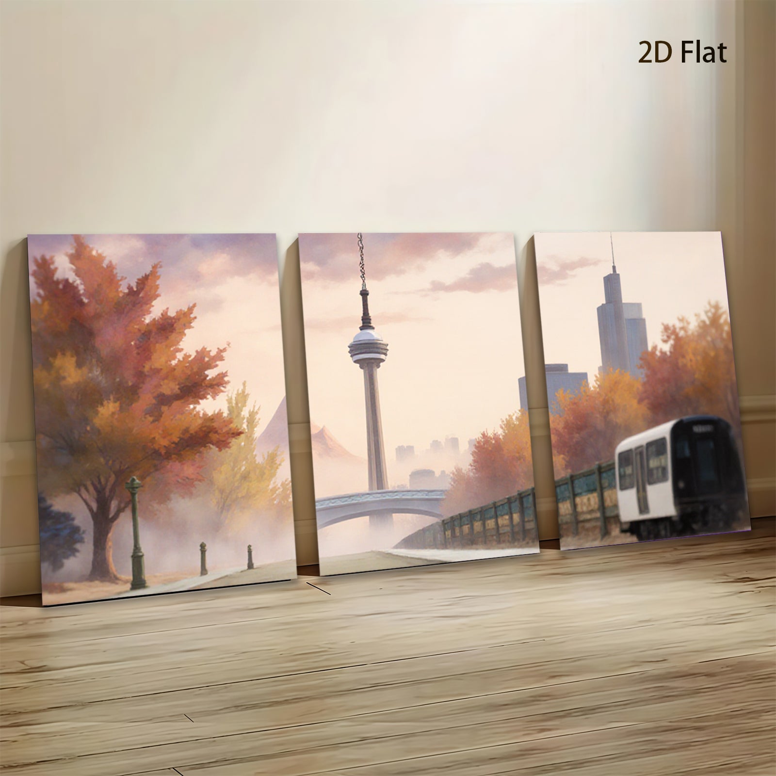 2D flat 1pc Modern Cityscape Railway Autumnal Wall Art Living Room Bedroom Decor Gallery Wrapped Canvas Prints for Home Office Modern Farmhouse Aesthetic