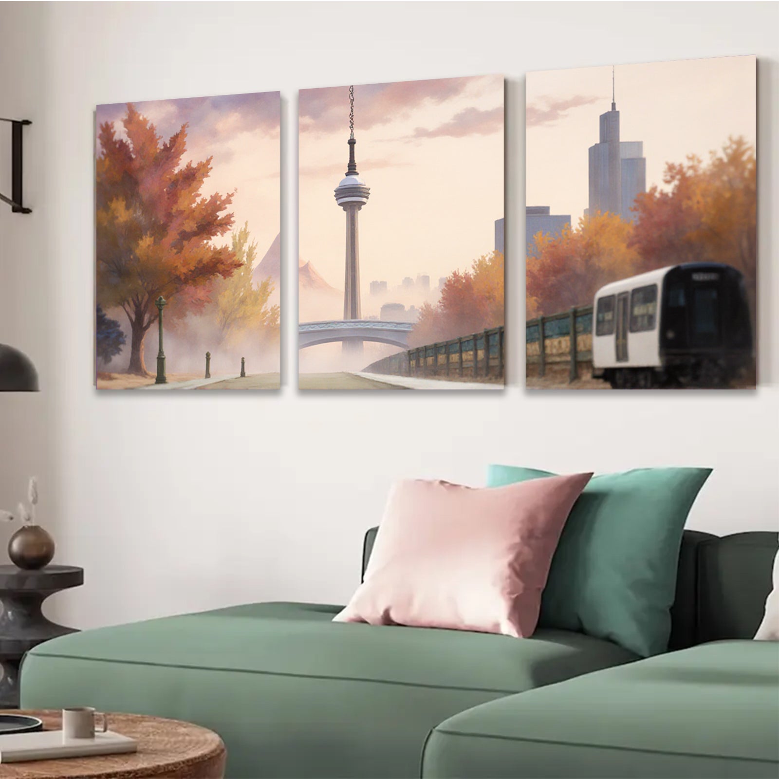 2D flat 1pc Modern Cityscape Railway Autumnal Wall Art Living Room Bedroom Decor Gallery Wrapped Canvas Prints for Home Office Modern Farmhouse Aesthetic