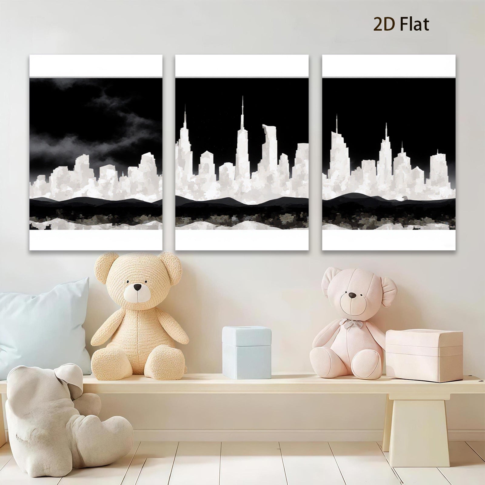 2D flat 1pc Modern Cityscape Wall Art Canvas Prints for Living Room Bedroom Home Decor Gallery Wrapped Teal Blue Gold Minimalist