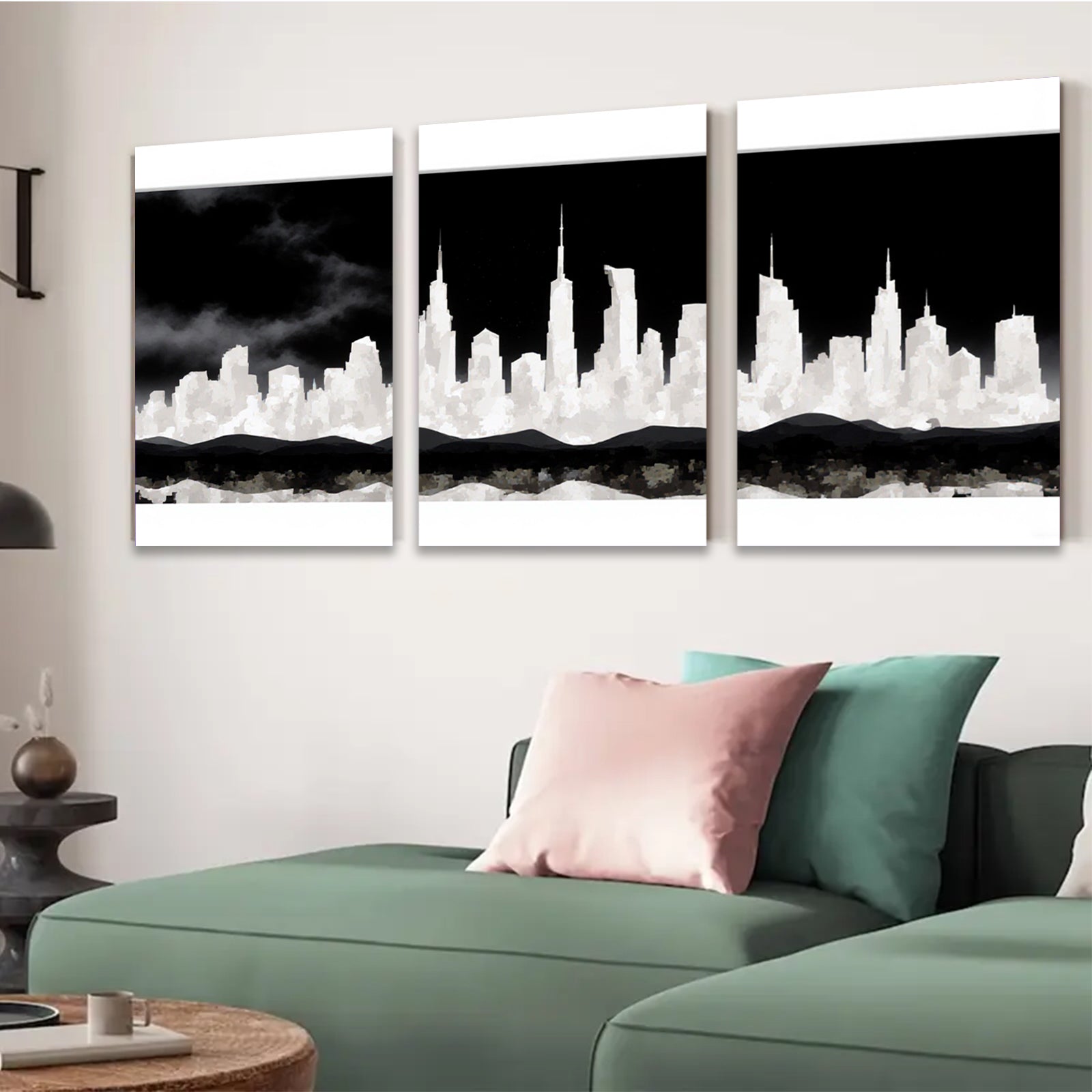 2D flat 1pc Modern Cityscape Wall Art Canvas Prints for Living Room Bedroom Home Decor Gallery Wrapped Teal Blue Gold Minimalist