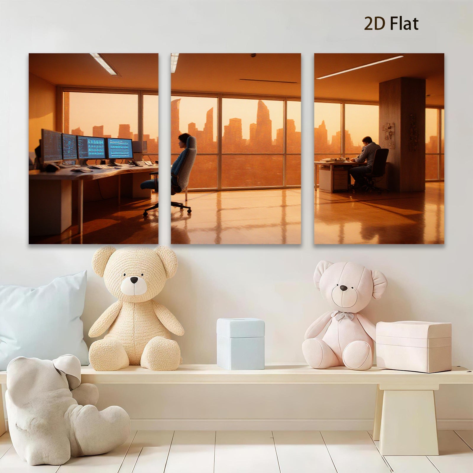 2D flat 1pc Modern Office Skyline City View Wall Art Canvas Prints for Living Room Bedroom Home Decor Gallery Wrapped Teal Navy Gold