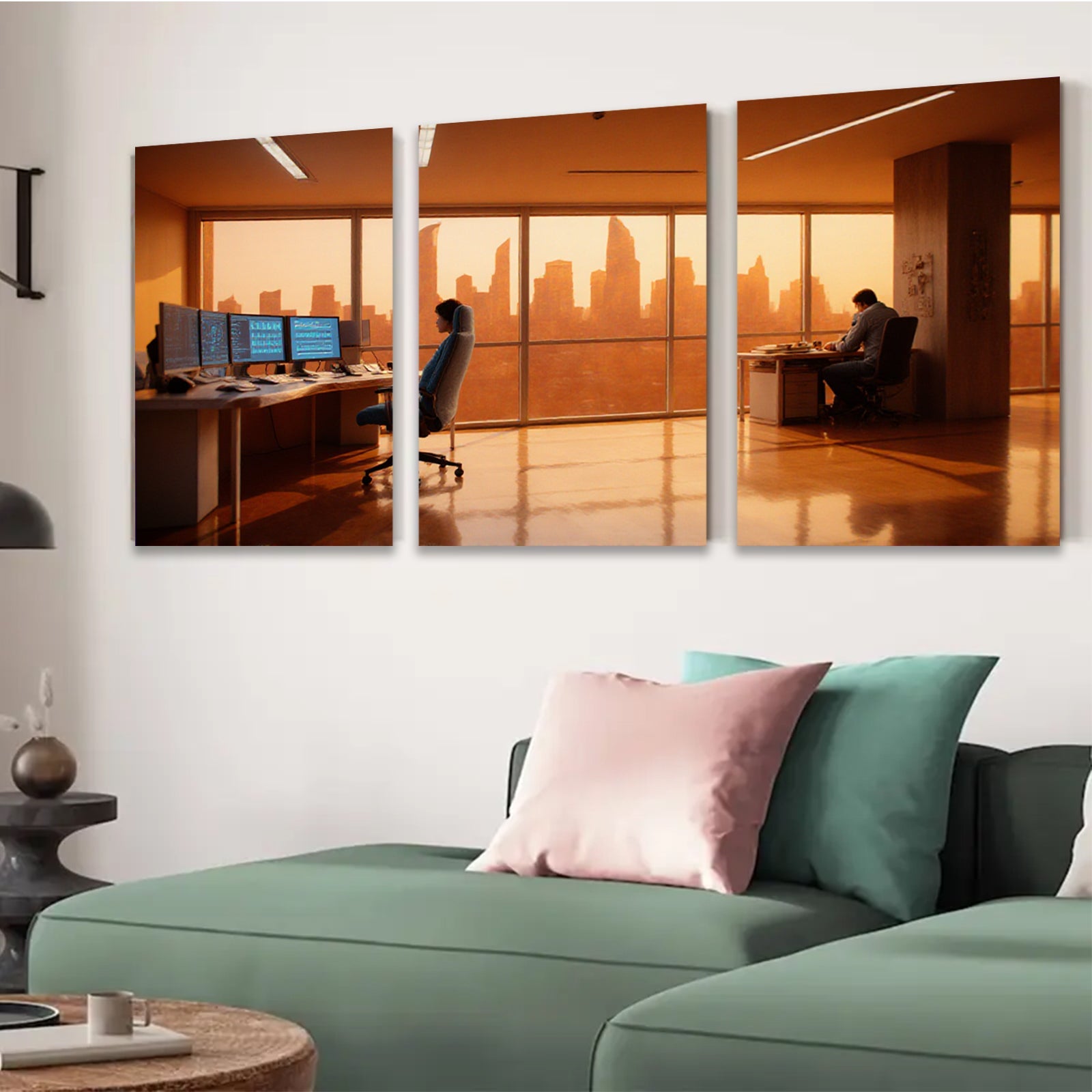 2D flat 1pc Modern Office Skyline City View Wall Art Canvas Prints for Living Room Bedroom Home Decor Gallery Wrapped Teal Navy Gold