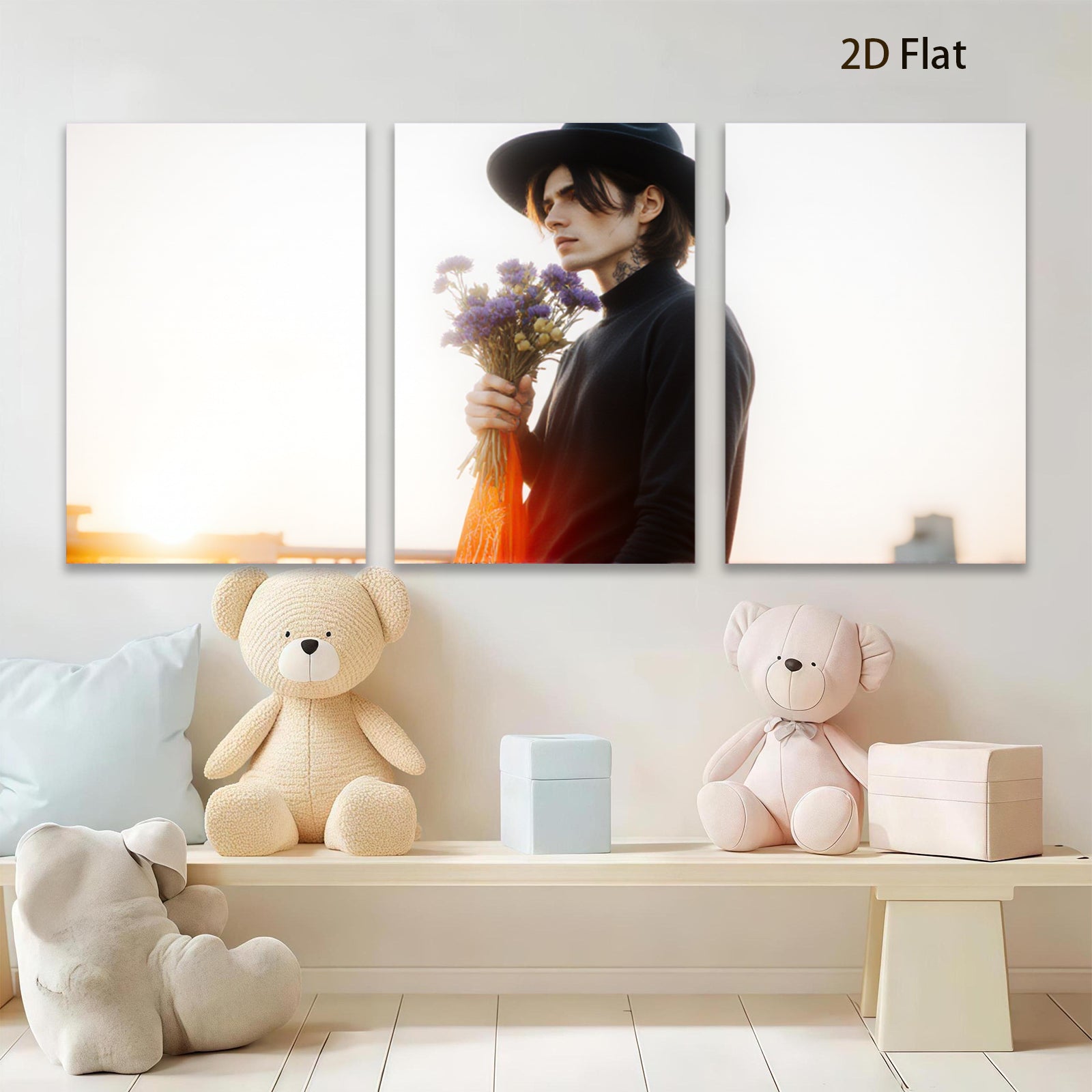 2D flat 1pc Moody man with flowers portrait wall art modern farmhouse living room decor bedroom aesthetic gallery wrapped canvas prints for home