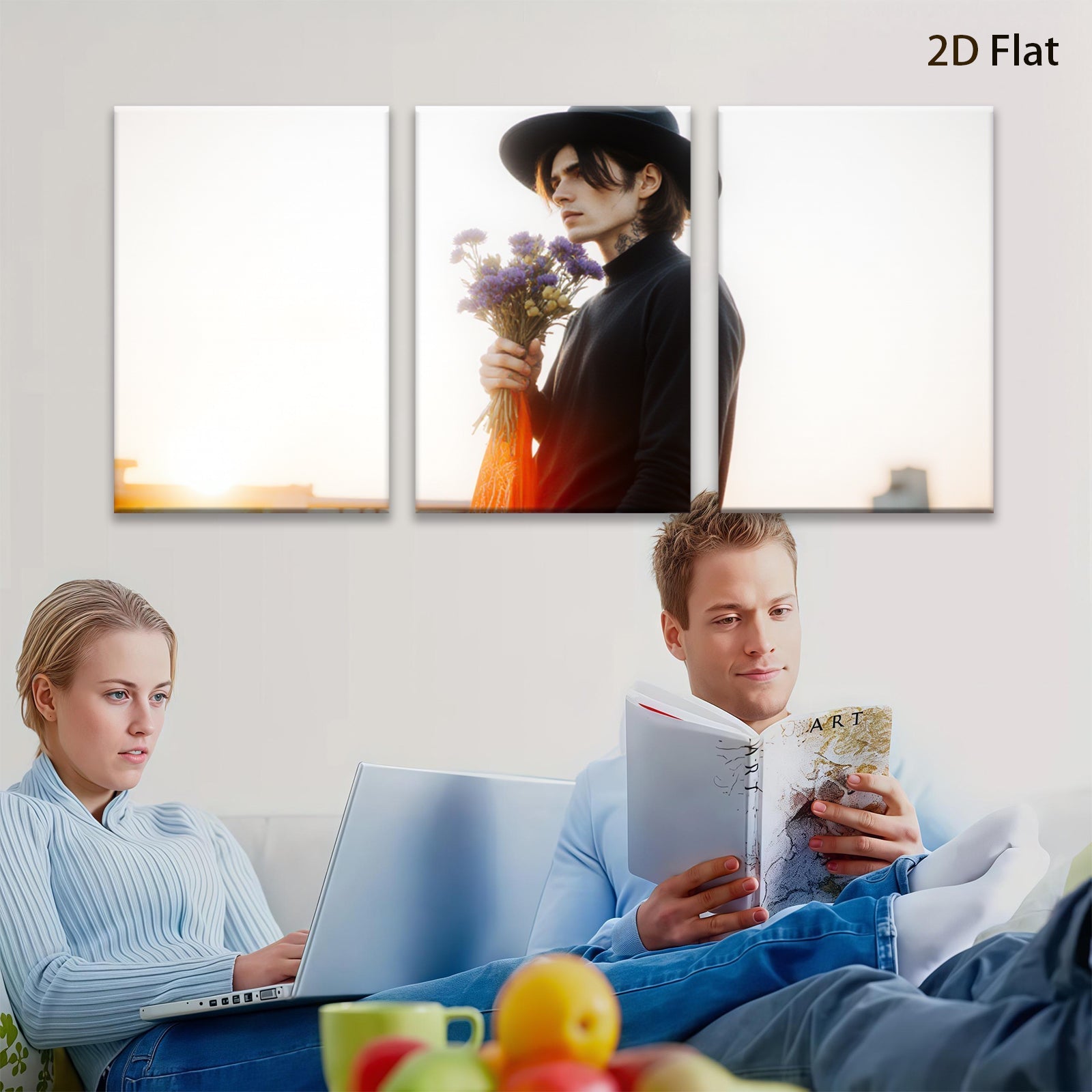 2D flat 1pc Moody man with flowers portrait wall art modern farmhouse living room decor bedroom aesthetic gallery wrapped canvas prints for home