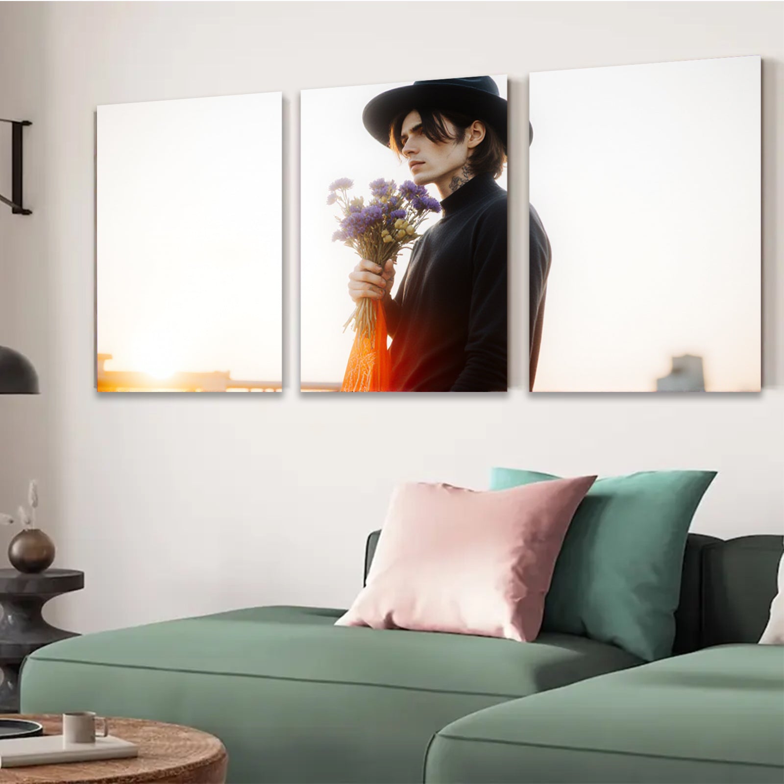 2D flat 1pc Moody man with flowers portrait wall art modern farmhouse living room decor bedroom aesthetic gallery wrapped canvas prints for home
