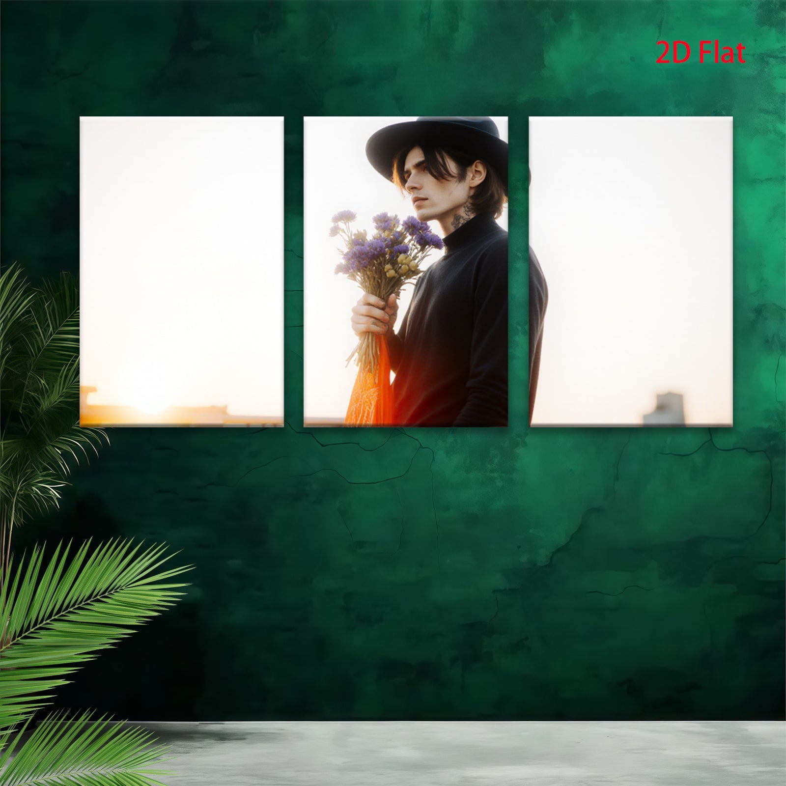 2D flat 1pc Moody man with flowers portrait wall art modern farmhouse living room decor bedroom aesthetic gallery wrapped canvas prints for home