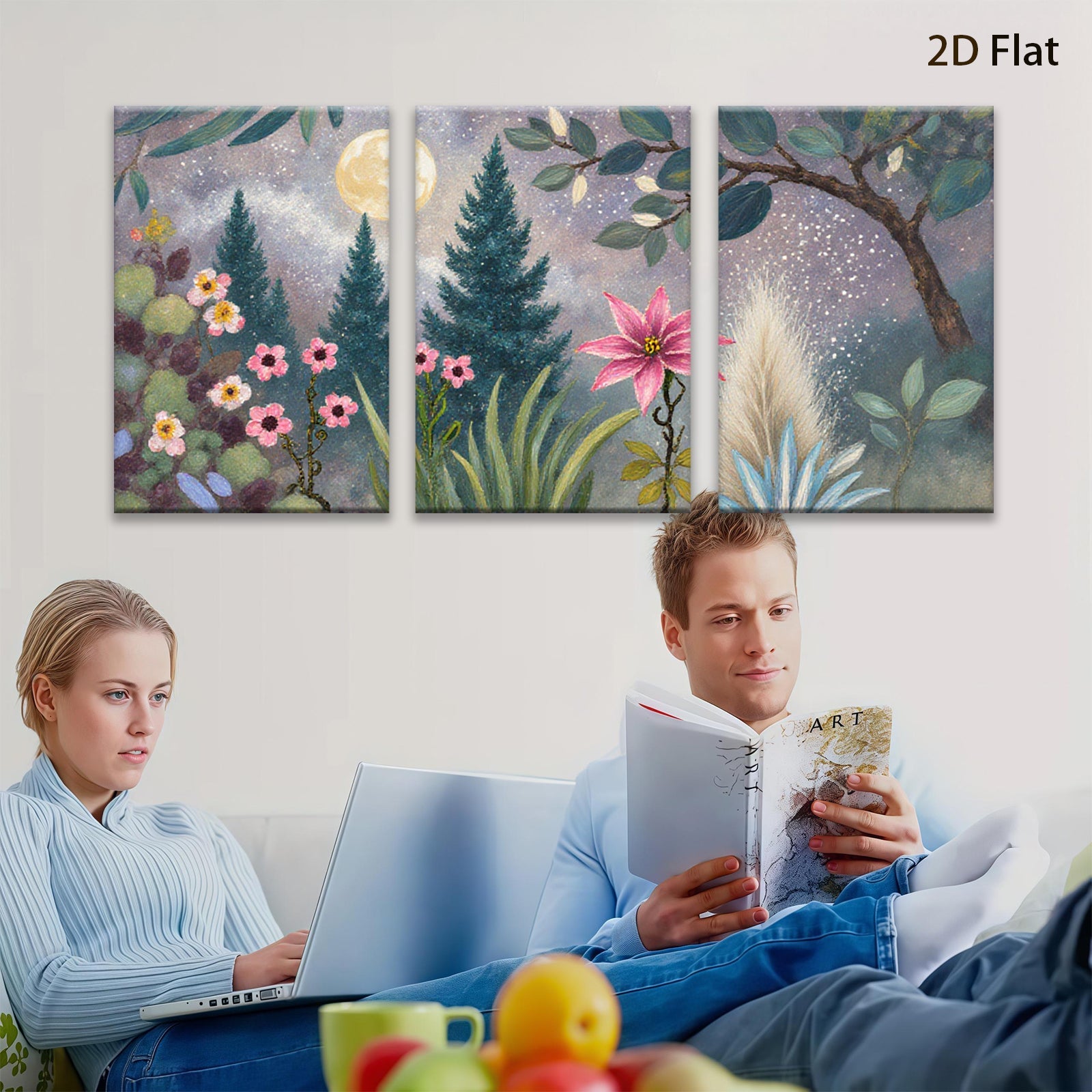 2D flat 1pc Moonlight Garden Floral Landscape Wall Art Canvas Prints for Living Room Bedroom Home Decor Farmhouse Style Modern Artwork