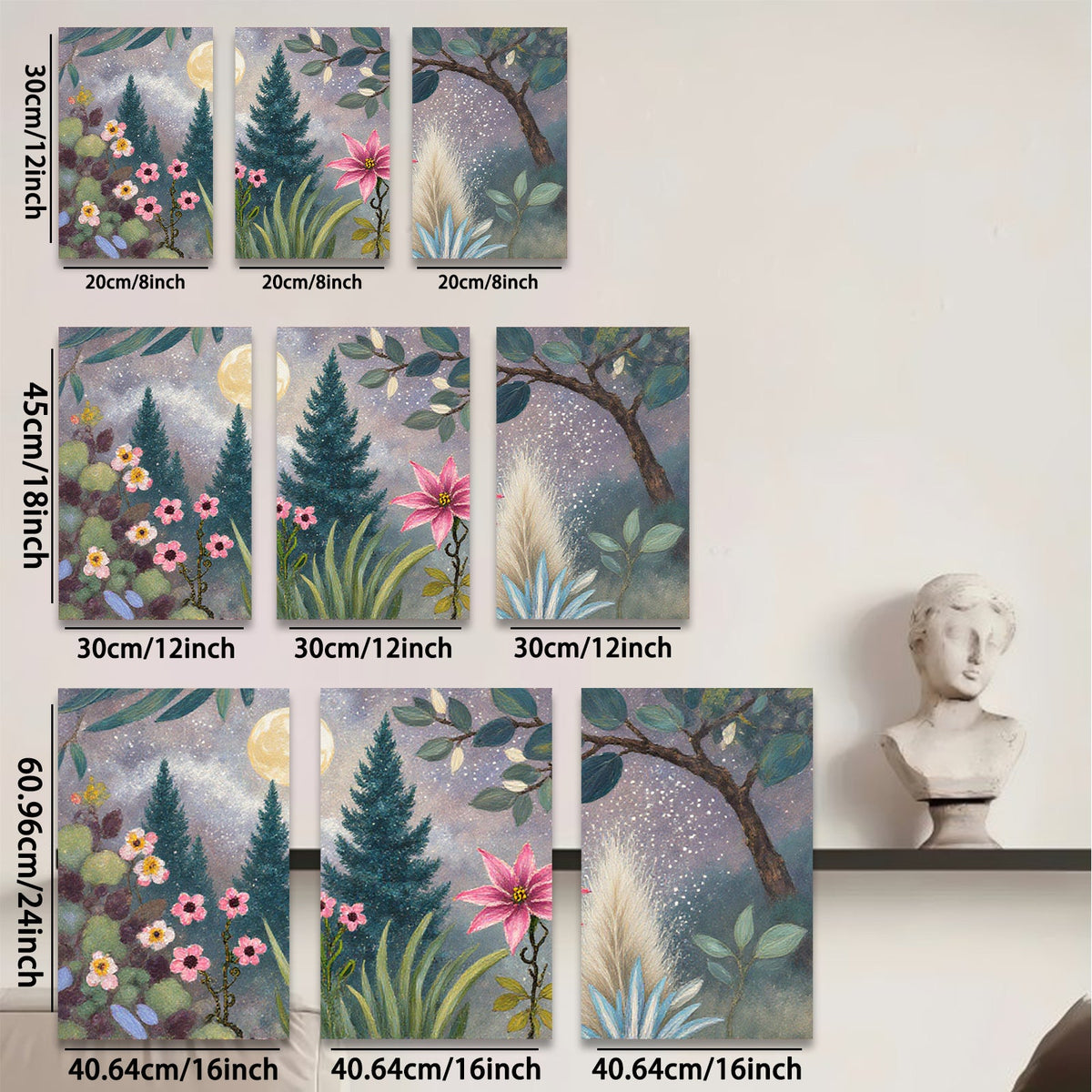 2D flat 1pc Moonlight Garden Floral Landscape Wall Art Canvas Prints for Living Room Bedroom Home Decor Farmhouse Style Modern Artwork