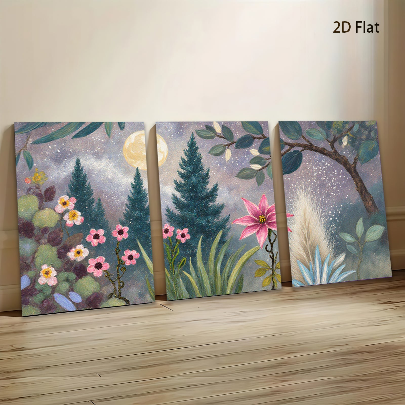 2D flat 1pc Moonlight Garden Floral Landscape Wall Art Canvas Prints for Living Room Bedroom Home Decor Farmhouse Style Modern Artwork