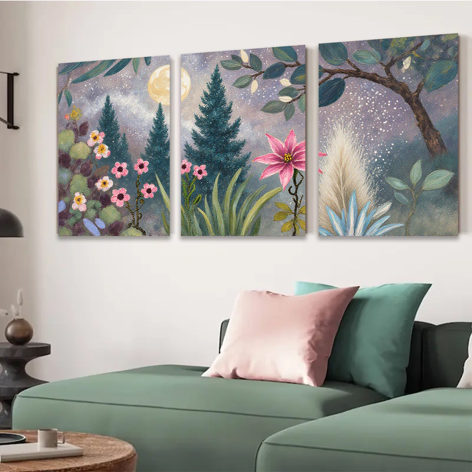 2D flat 1pc Moonlight Garden Floral Landscape Wall Art Canvas Prints for Living Room Bedroom Home Decor Farmhouse Style Modern Artwork