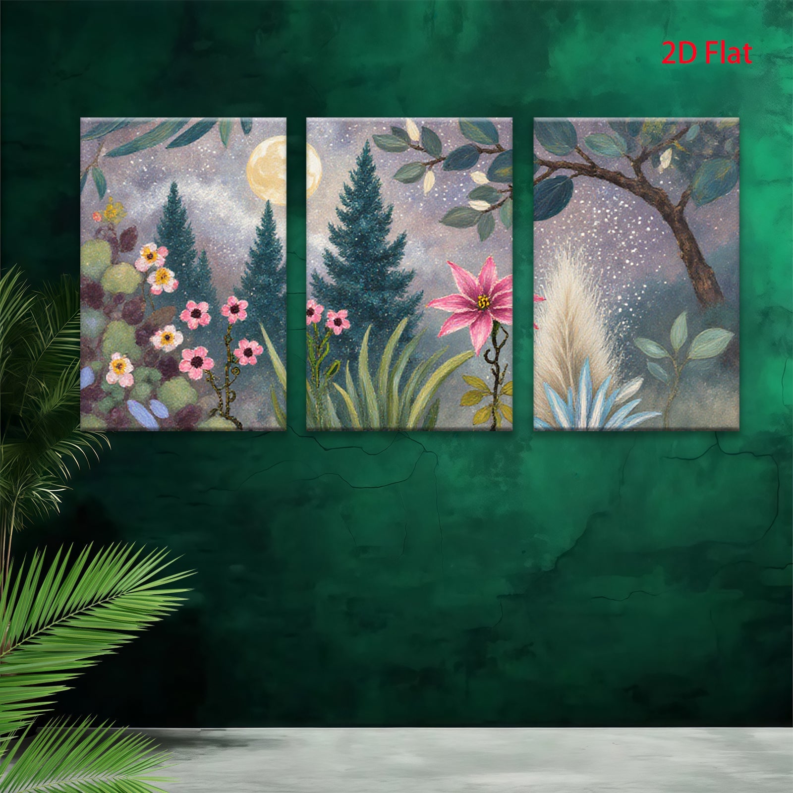 2D flat 1pc Moonlight Garden Floral Landscape Wall Art Canvas Prints for Living Room Bedroom Home Decor Farmhouse Style Modern Artwork