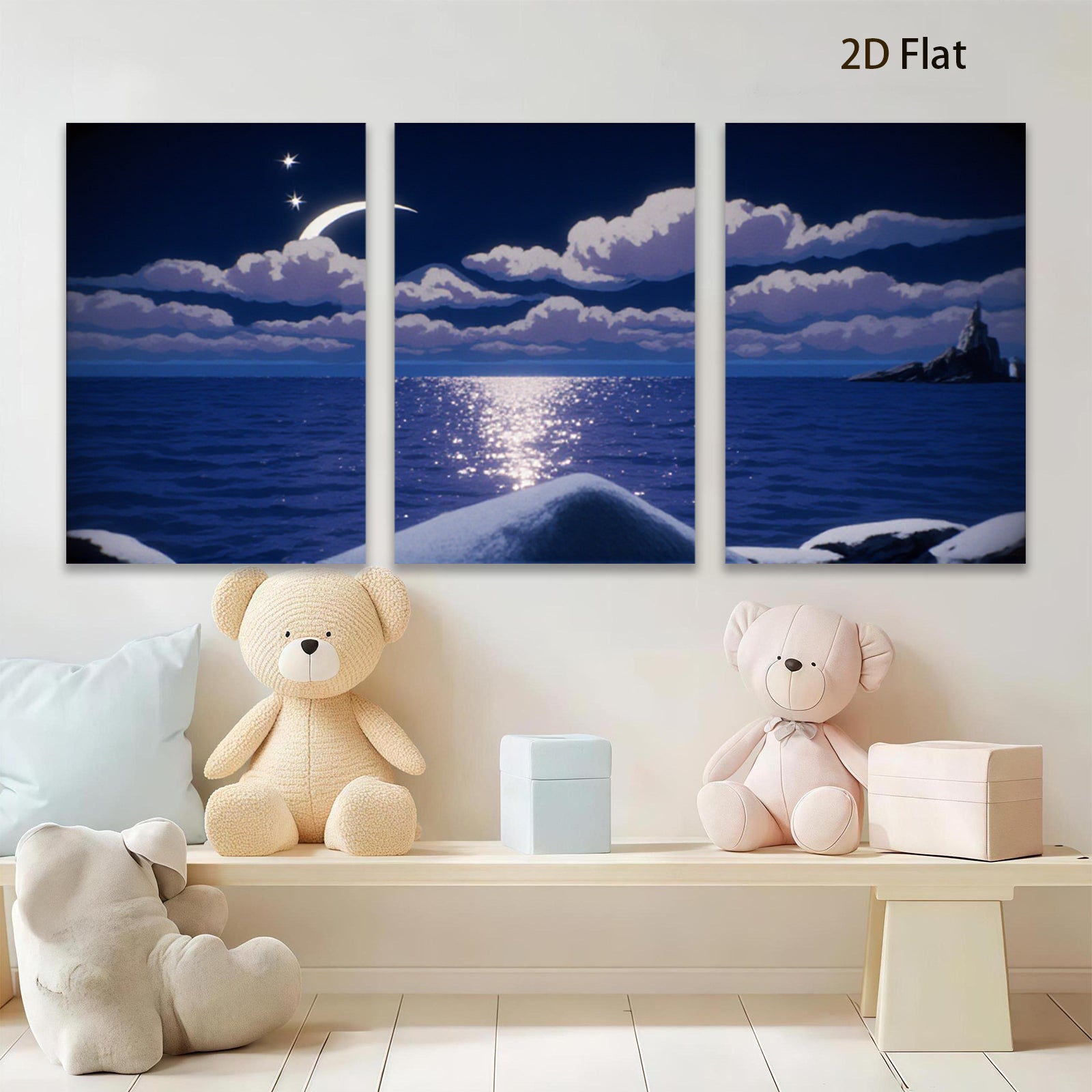 2D flat 1pc Moonlight seascape painting coastal wall art bedroom living room decor farmhouse style modern minimalist canvas prints
