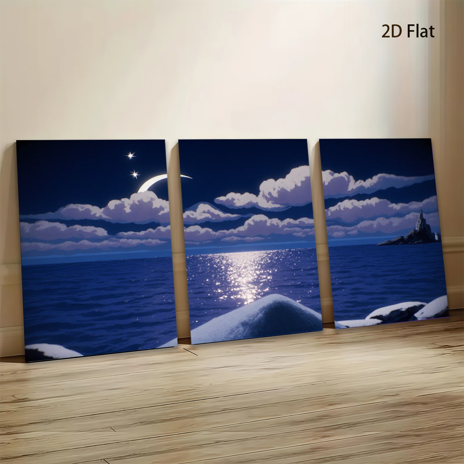 2D flat 1pc Moonlight seascape painting coastal wall art bedroom living room decor farmhouse style modern minimalist canvas prints