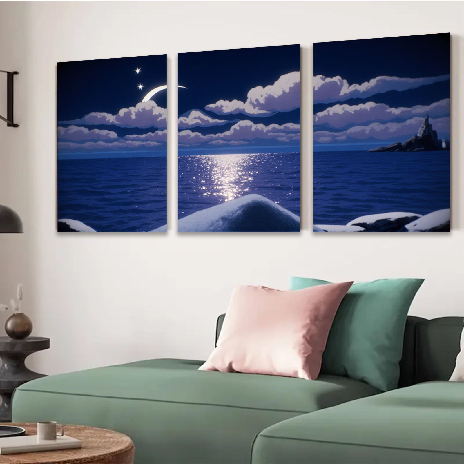 2D flat 1pc Moonlight seascape painting coastal wall art bedroom living room decor farmhouse style modern minimalist canvas prints
