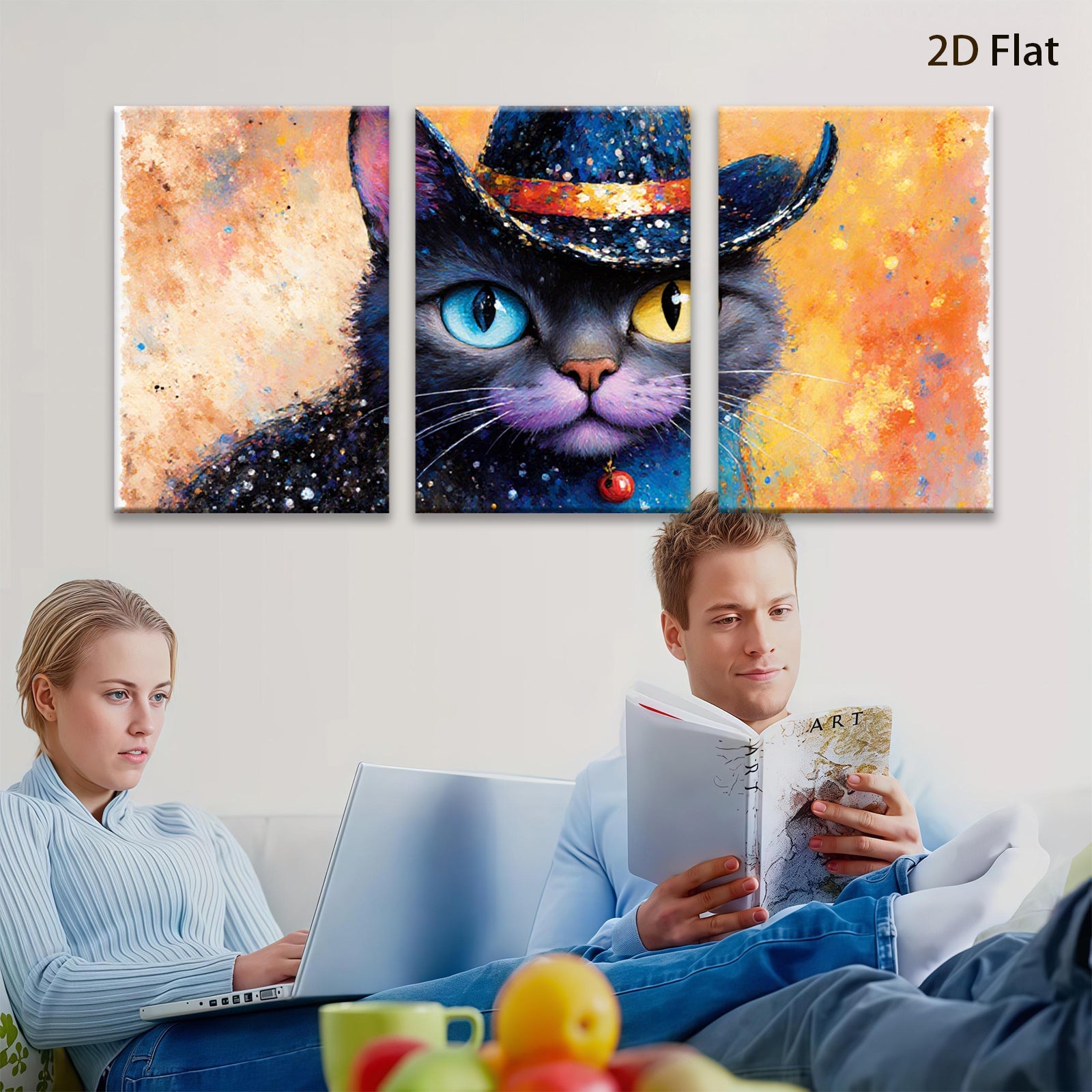 2D flat 1pc Mystic Cat Portrait Whimsical Home Decor Living Room Bedroom Art Wall Hanging Modern Farmhouse Style Gallery Wrapped Canvas Prints