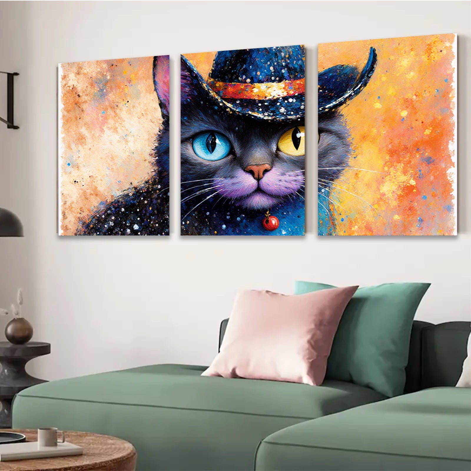 2D flat 1pc Mystic Cat Portrait Whimsical Home Decor Living Room Bedroom Art Wall Hanging Modern Farmhouse Style Gallery Wrapped Canvas Prints