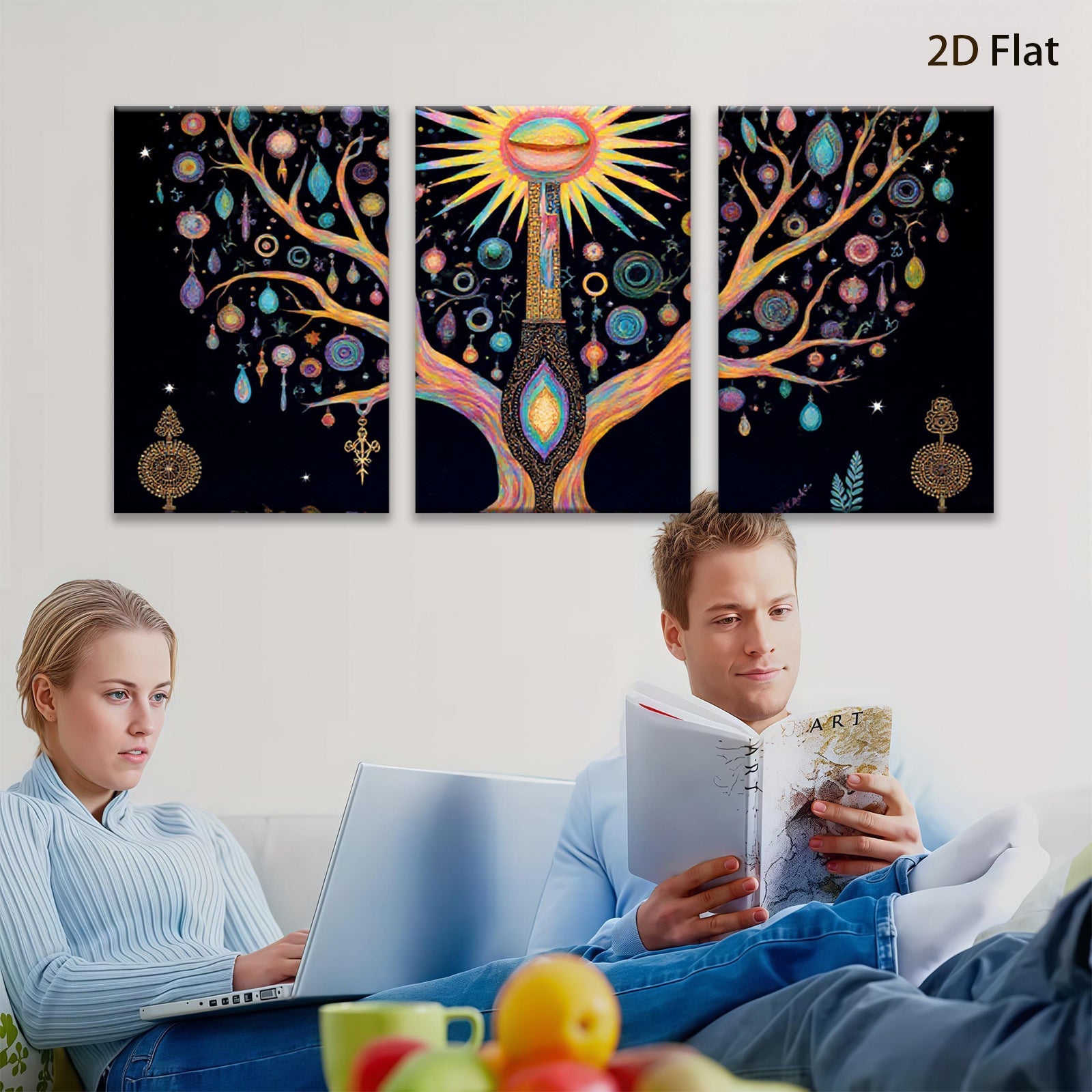2D flat 1pc Mystical Tree of Life Wall Art Vibrant Colors Boho Decor Living Room Bedroom Canvas Prints Gallery Wrapped Modern Farmhouse Aesthetic Trending Now