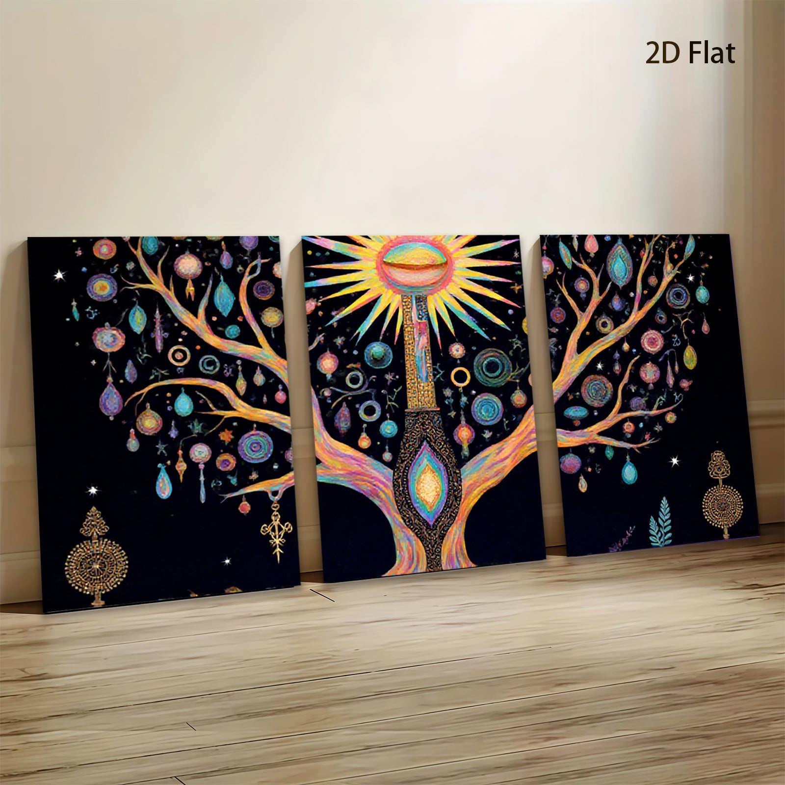 2D flat 1pc Mystical Tree of Life Wall Art Vibrant Colors Boho Decor Living Room Bedroom Canvas Prints Gallery Wrapped Modern Farmhouse Aesthetic Trending Now