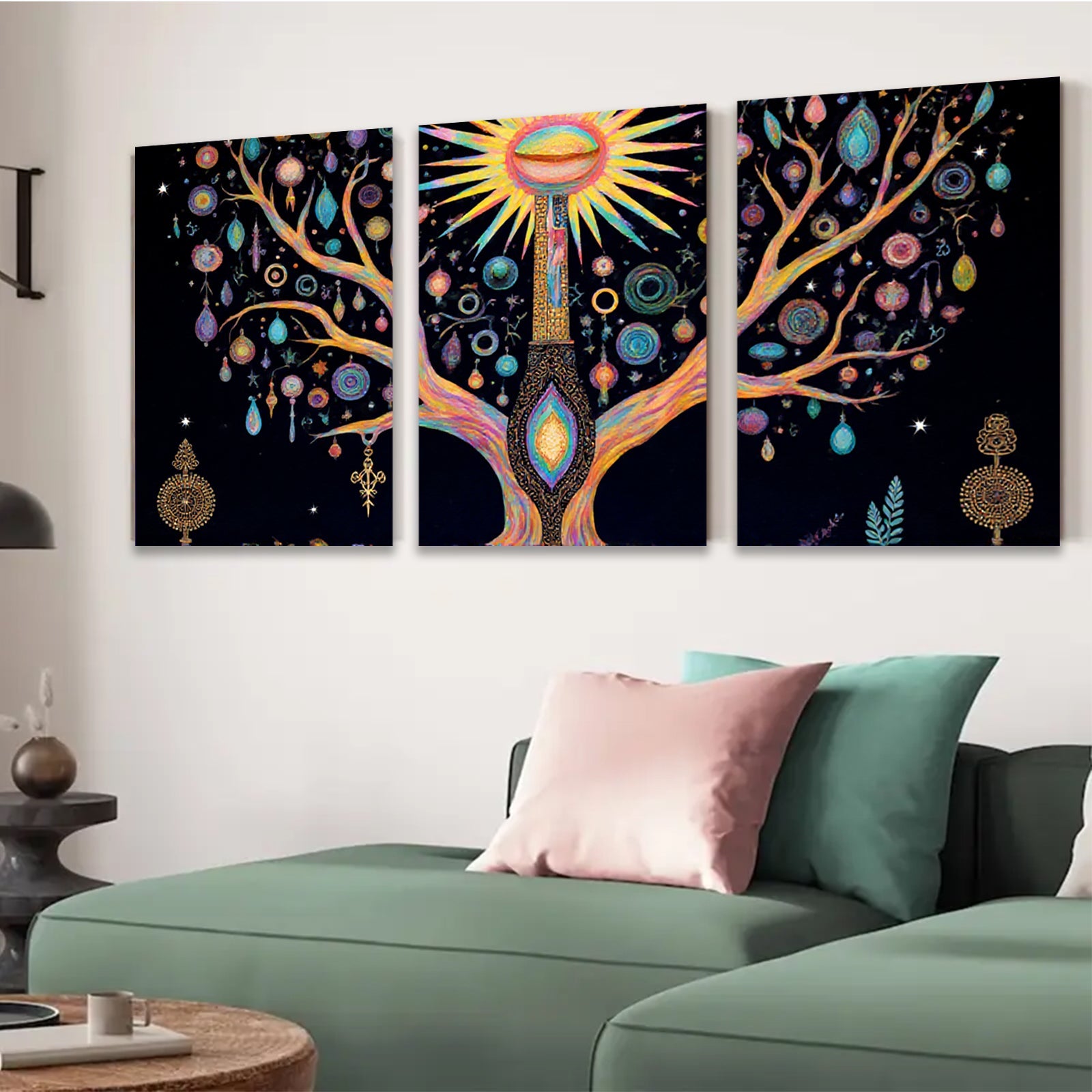 2D flat 1pc Mystical Tree of Life Wall Art Vibrant Colors Boho Decor Living Room Bedroom Canvas Prints Gallery Wrapped Modern Farmhouse Aesthetic Trending Now