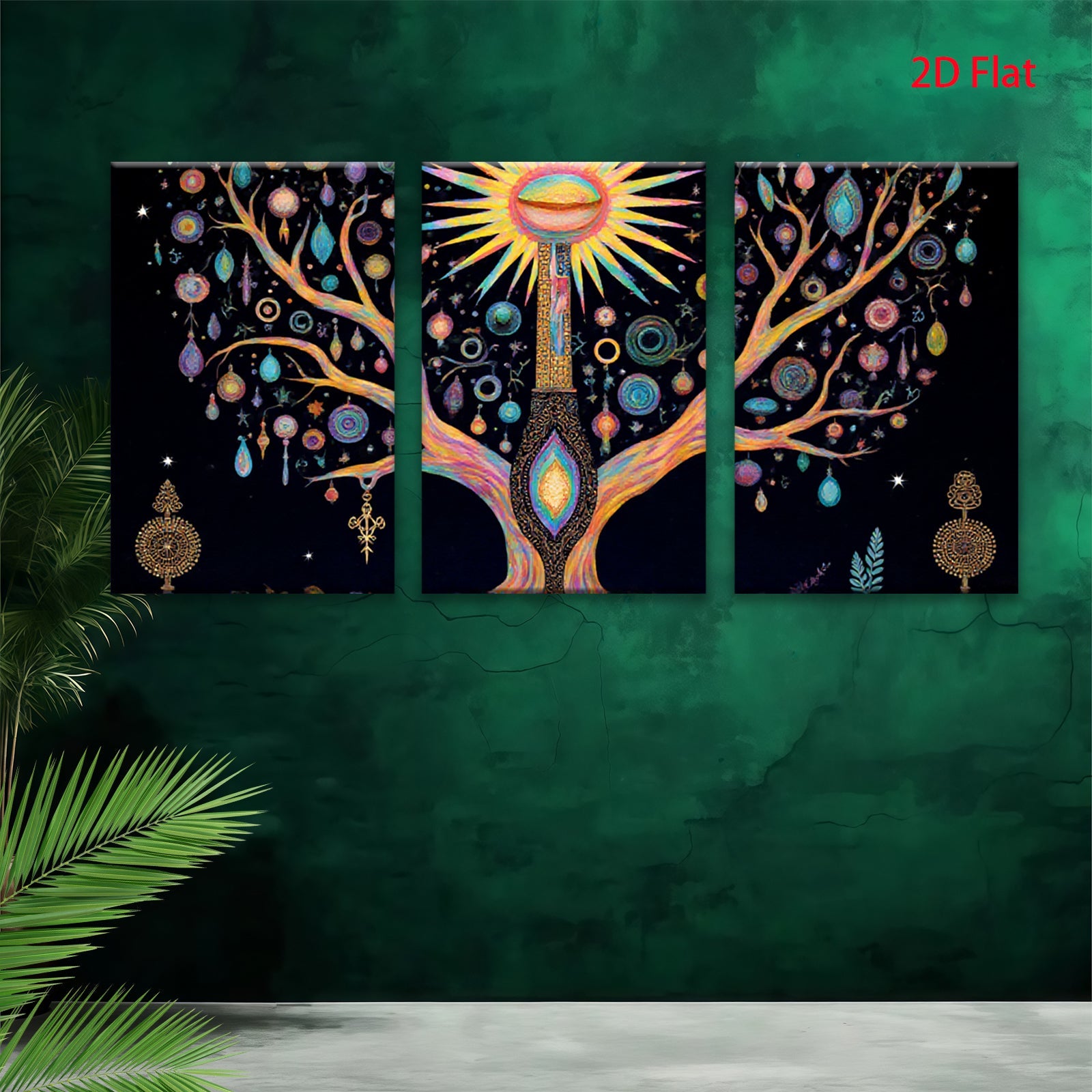 2D flat 1pc Mystical Tree of Life Wall Art Vibrant Colors Boho Decor Living Room Bedroom Canvas Prints Gallery Wrapped Modern Farmhouse Aesthetic Trending Now