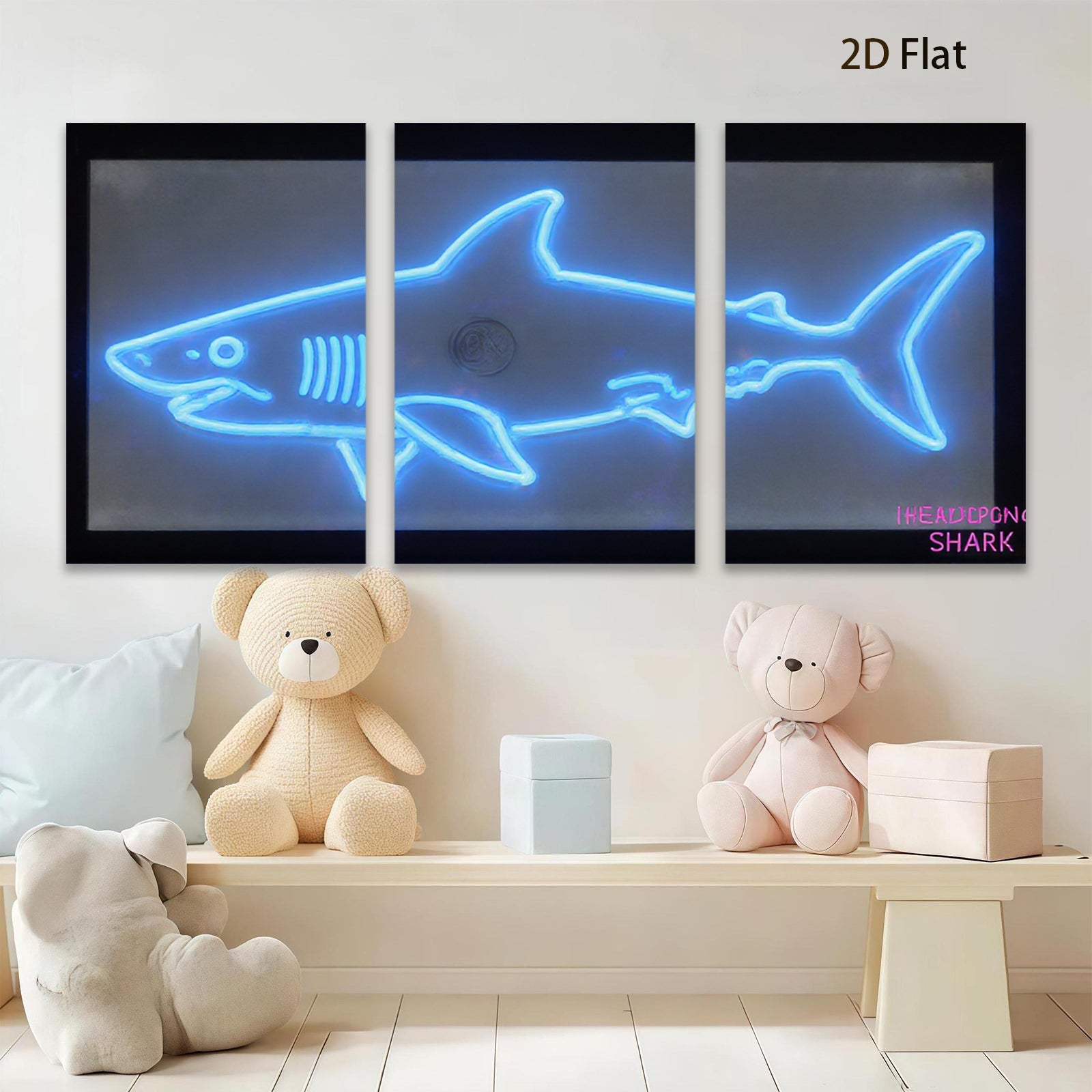 2D flat 1pc Neon Blue Shark Wall Art Modern Minimalist Coastal Decor Living Room Bedroom Kids Room Gallery Wrapped Canvas Prints Ready to Hang Farmhouse Style