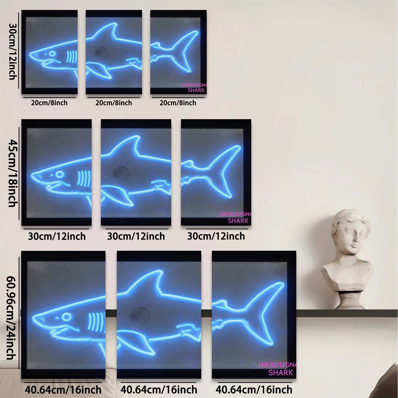 2D flat 1pc Neon Blue Shark Wall Art Modern Minimalist Coastal Decor Living Room Bedroom Kids Room Gallery Wrapped Canvas Prints Ready to Hang Farmhouse Style