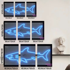 2D flat 1pc Neon Blue Shark Wall Art Modern Minimalist Coastal Decor Living Room Bedroom Kids Room Gallery Wrapped Canvas Prints Ready to Hang Farmhouse Style