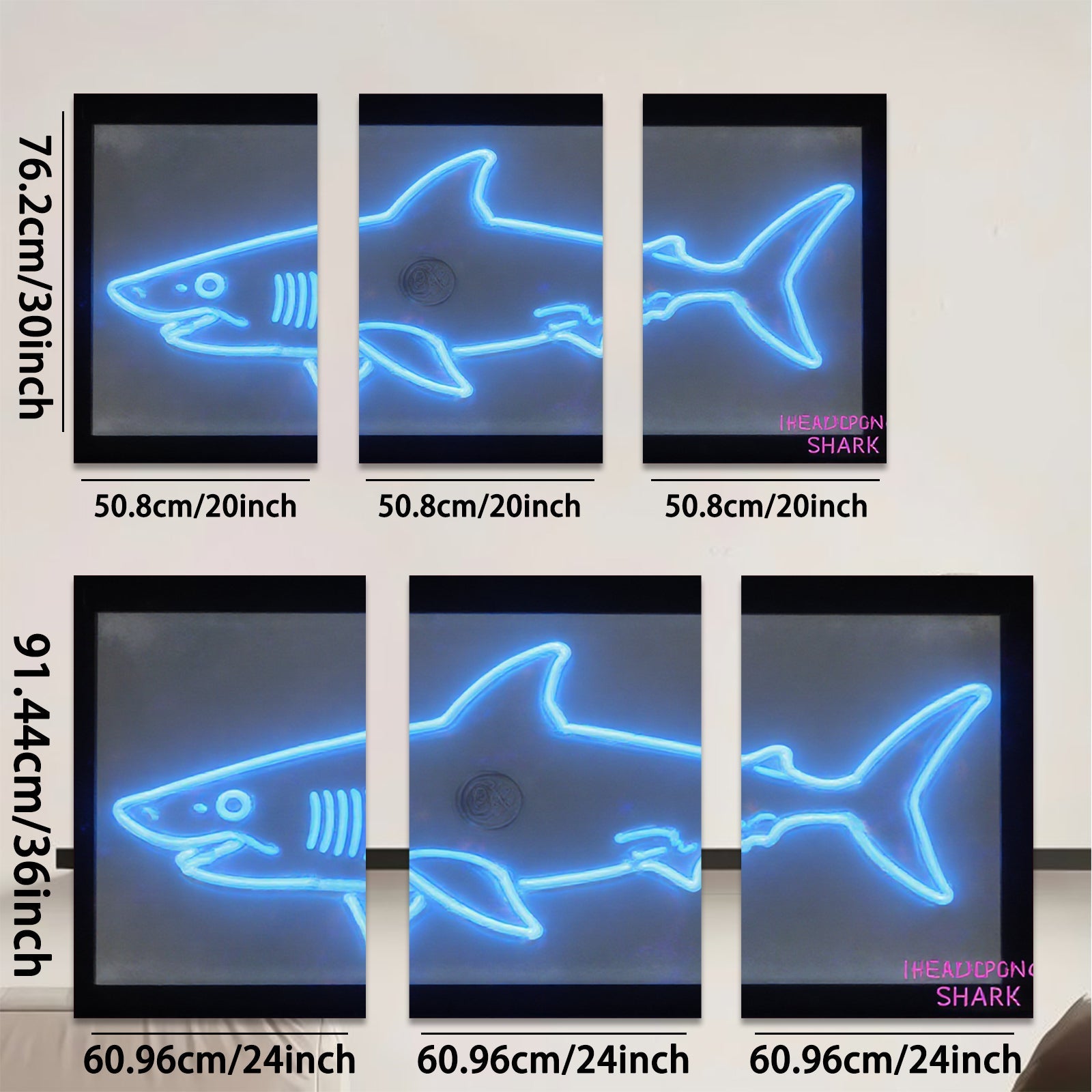 2D flat 1pc Neon Blue Shark Wall Art Modern Minimalist Coastal Decor Living Room Bedroom Kids Room Gallery Wrapped Canvas Prints Ready to Hang Farmhouse Style