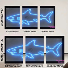 2D flat 1pc Neon Blue Shark Wall Art Modern Minimalist Coastal Decor Living Room Bedroom Kids Room Gallery Wrapped Canvas Prints Ready to Hang Farmhouse Style