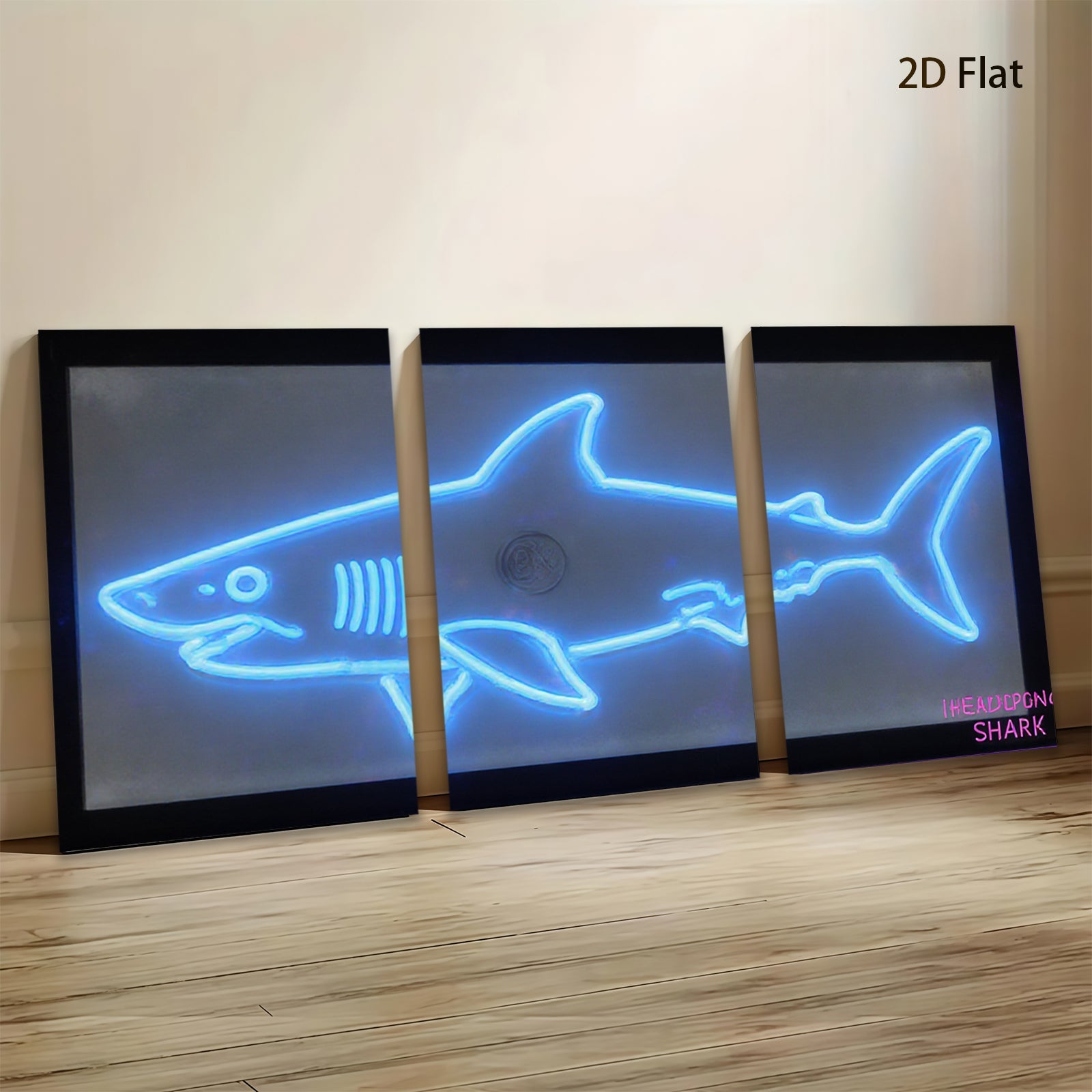 2D flat 1pc Neon Blue Shark Wall Art Modern Minimalist Coastal Decor Living Room Bedroom Kids Room Gallery Wrapped Canvas Prints Ready to Hang Farmhouse Style
