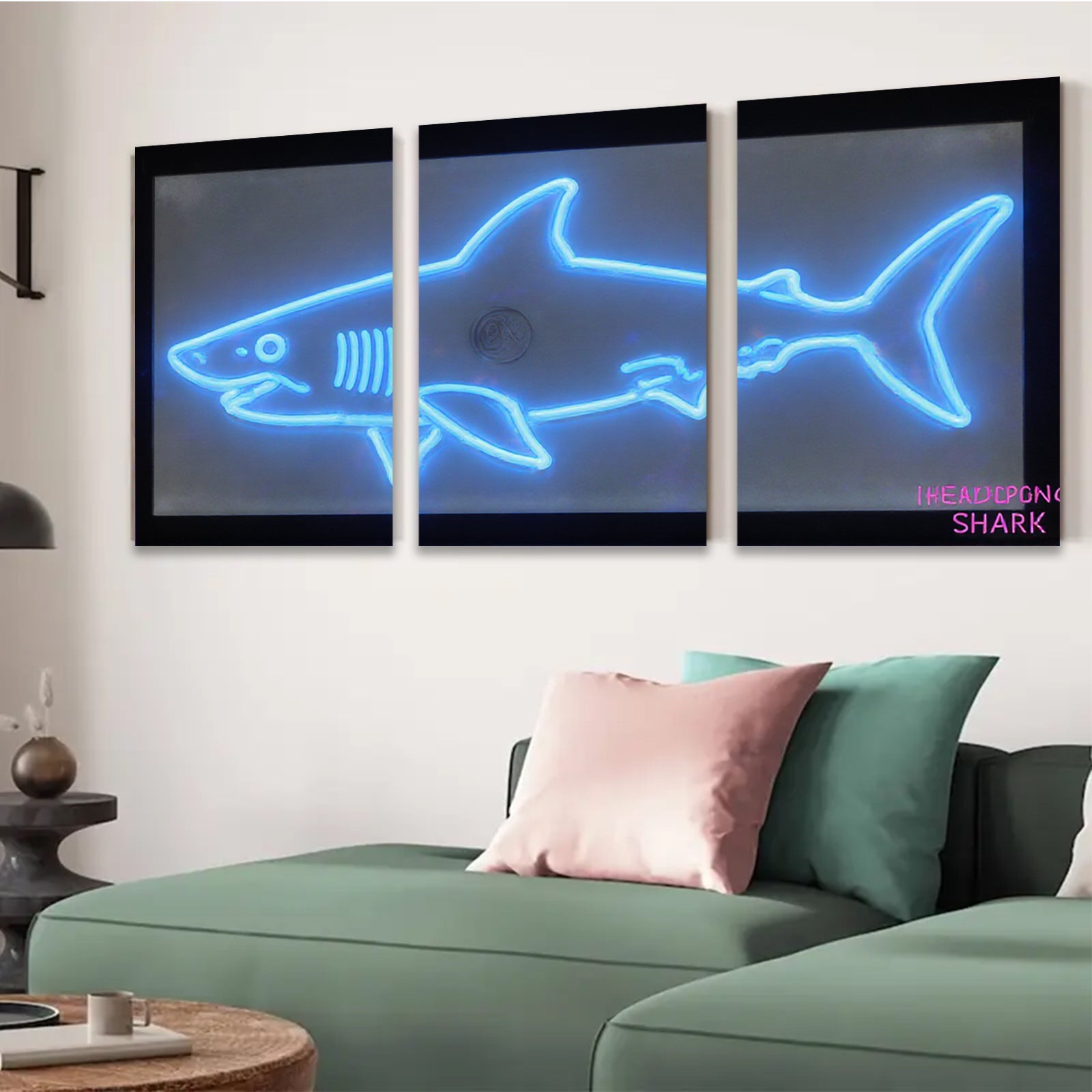 2D flat 1pc Neon Blue Shark Wall Art Modern Minimalist Coastal Decor Living Room Bedroom Kids Room Gallery Wrapped Canvas Prints Ready to Hang Farmhouse Style