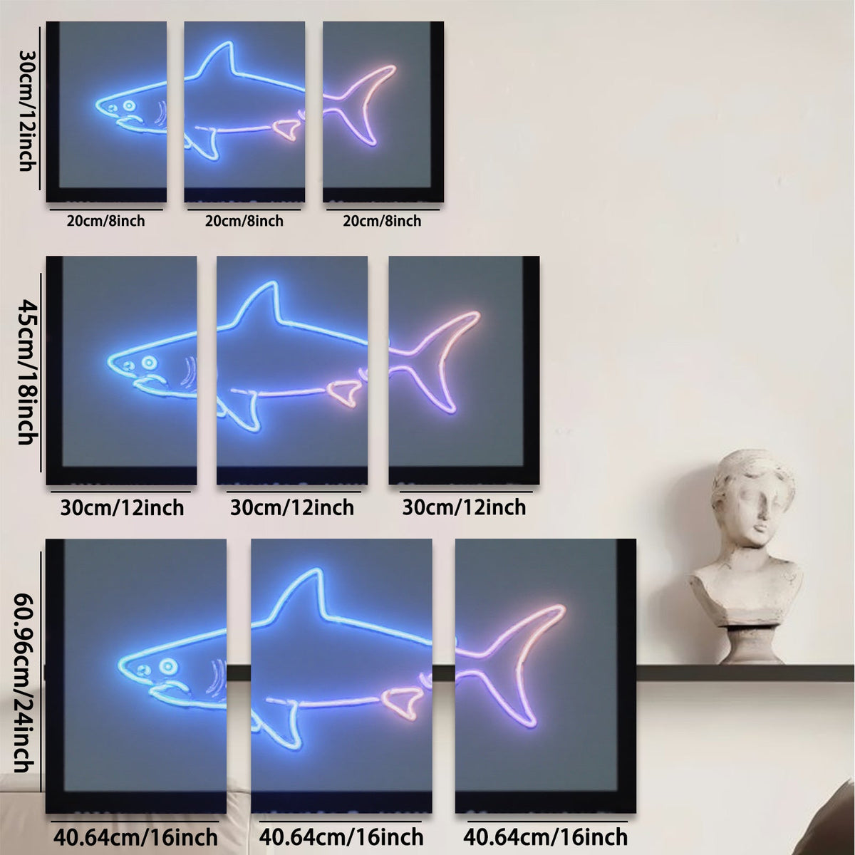 2D flat 1pc Neon Shark Wall Art Coastal Decor Living Room Bedroom Modern Minimalist Design Gallery Wrapped Canvas Prints Home Decorations Trending Now