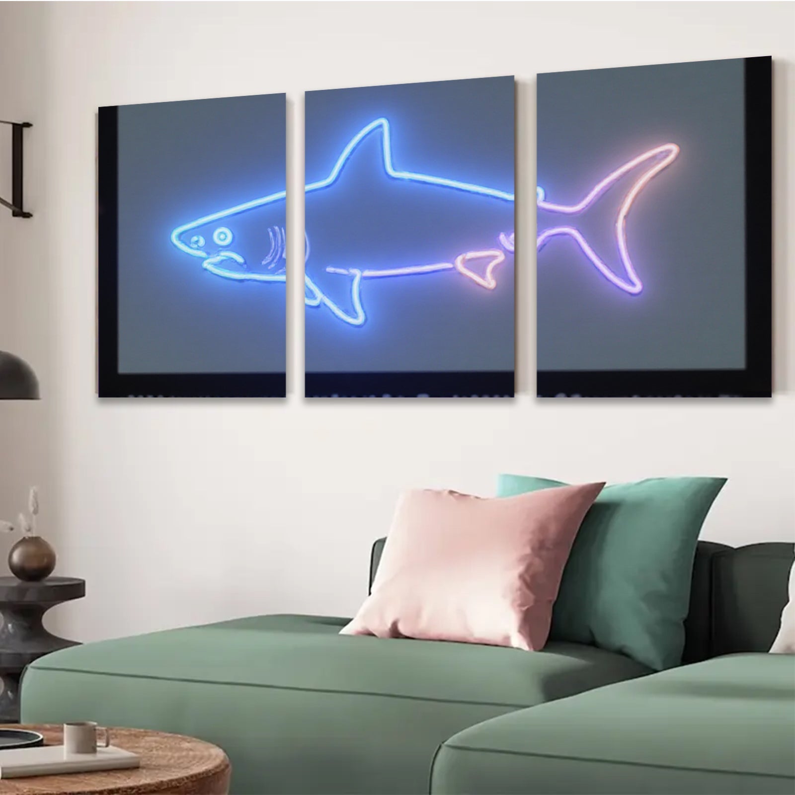 2D flat 1pc Neon Shark Wall Art Coastal Decor Living Room Bedroom Modern Minimalist Design Gallery Wrapped Canvas Prints Home Decorations Trending Now