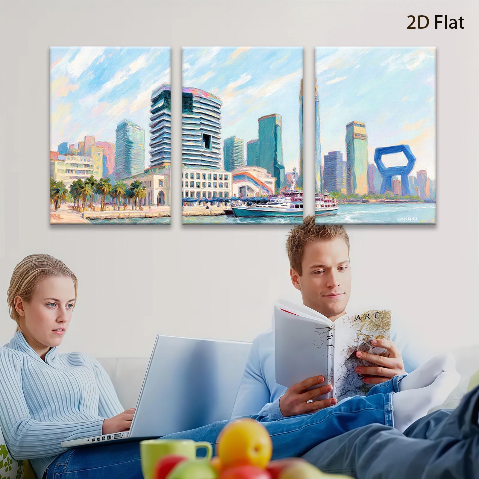 2D flat 1pc New York City Skyline Harbor View Boat Coastal Wall Art Living Room Bedroom Decor Modern Farmhouse Canvas Prints Wrapped Ready To Hang