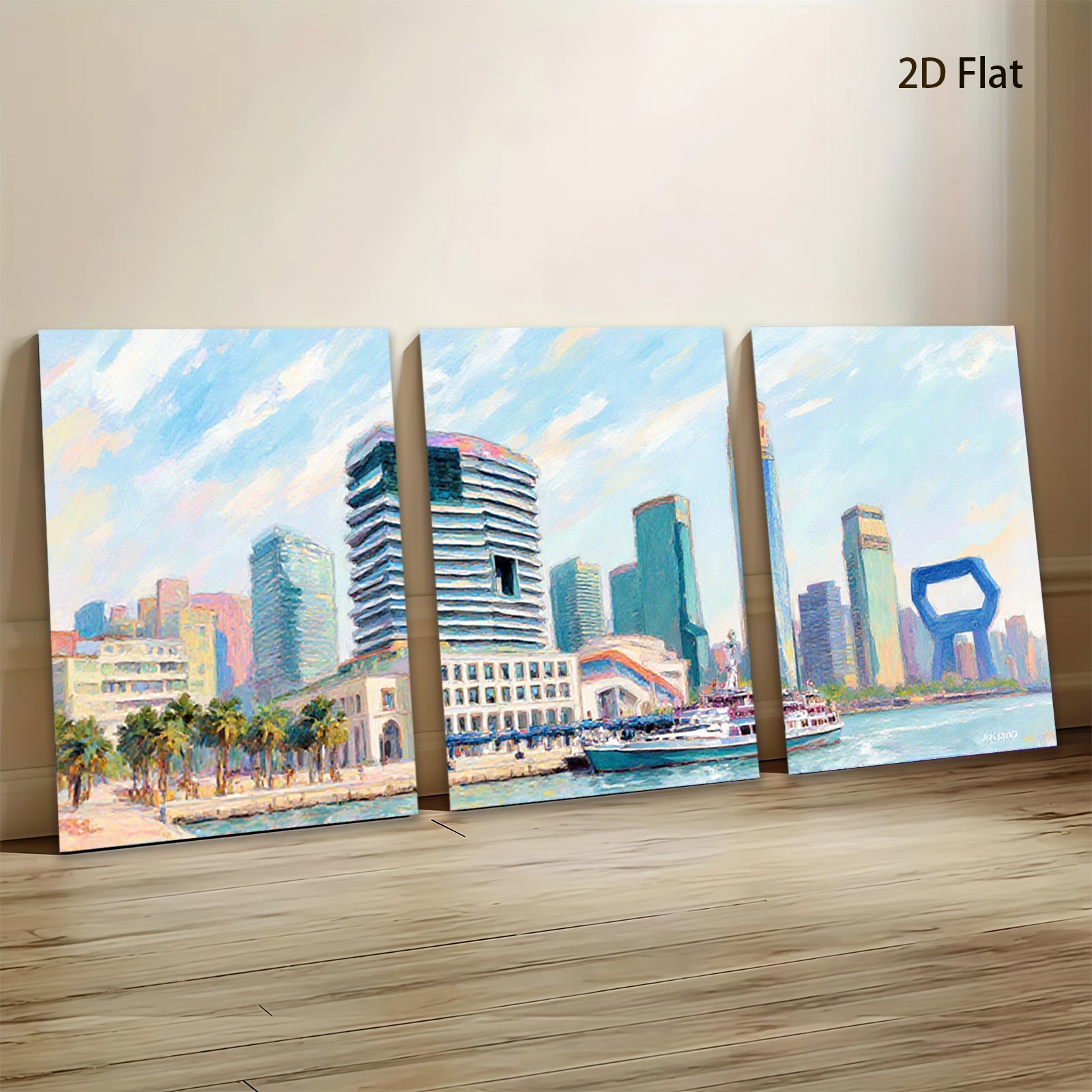 2D flat 1pc New York City Skyline Harbor View Boat Coastal Wall Art Living Room Bedroom Decor Modern Farmhouse Canvas Prints Wrapped Ready To Hang