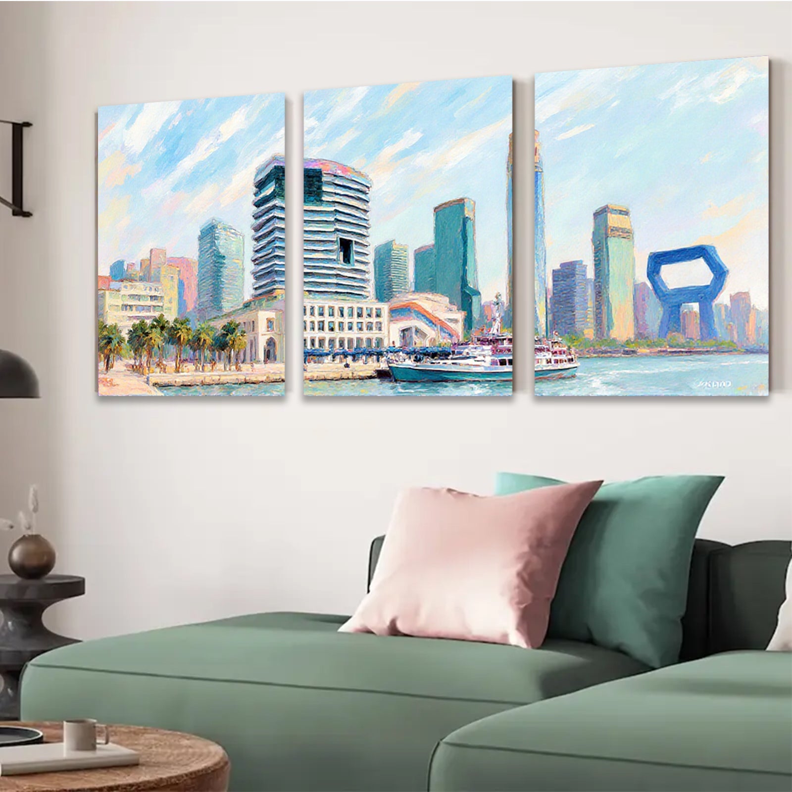 2D flat 1pc New York City Skyline Harbor View Boat Coastal Wall Art Living Room Bedroom Decor Modern Farmhouse Canvas Prints Wrapped Ready To Hang