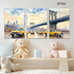 2D flat 1pc New York City Taxi Brooklyn Bridge vibrant cityscape wall art bedroom living room modern farmhouse decor