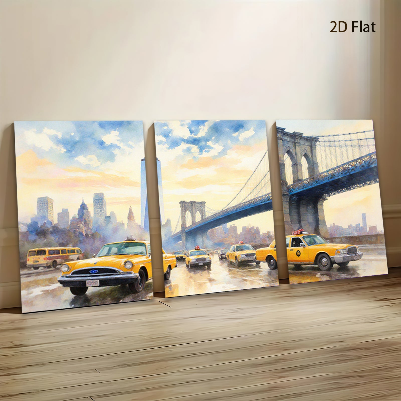 2D flat 1pc New York City Taxi Brooklyn Bridge vibrant cityscape wall art bedroom living room modern farmhouse decor