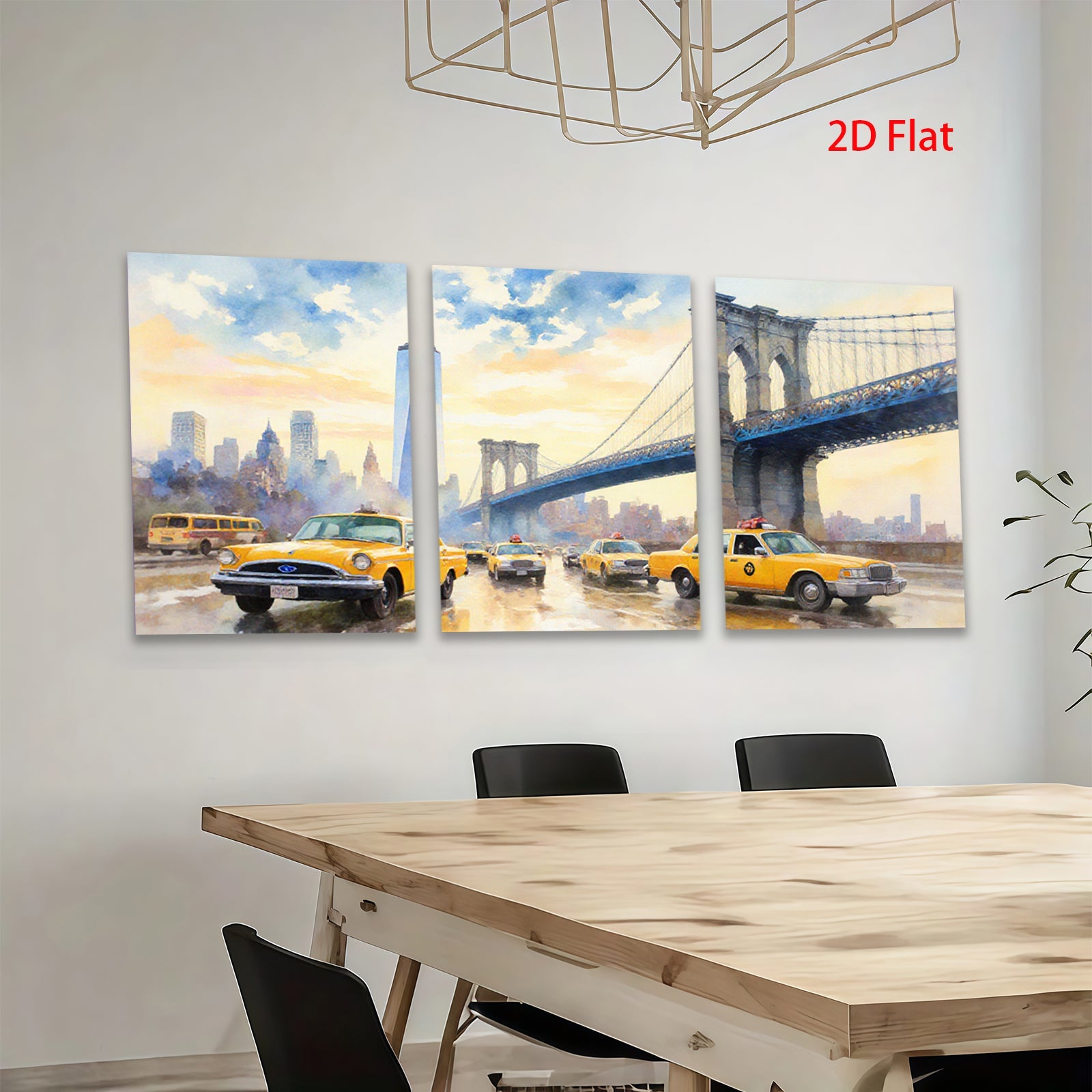 2D flat 1pc New York City Taxi Brooklyn Bridge vibrant cityscape wall art bedroom living room modern farmhouse decor