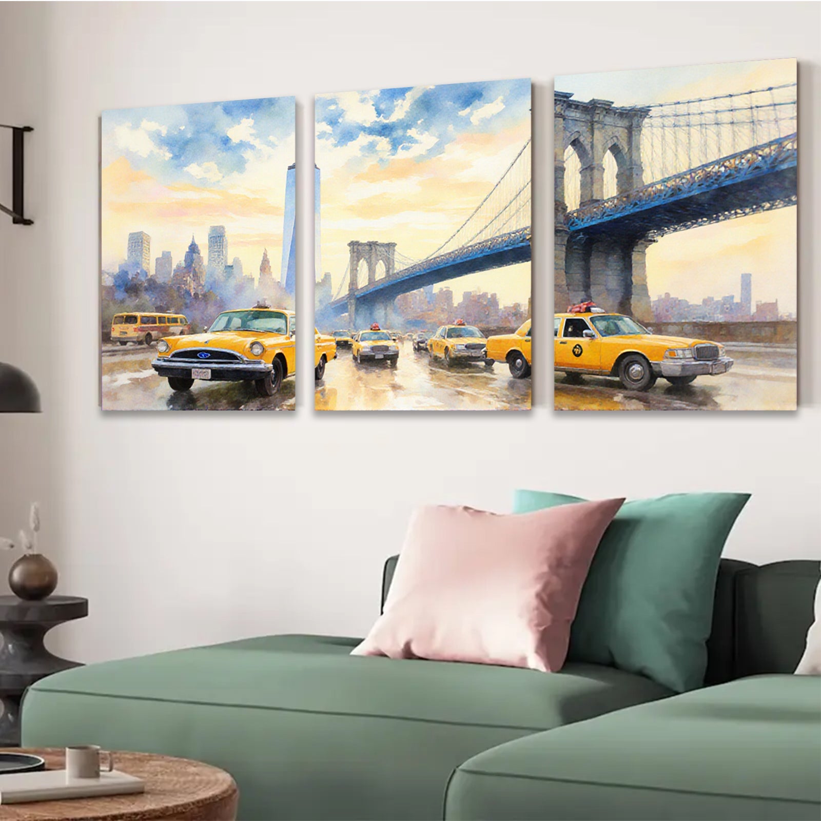 2D flat 1pc New York City Taxi Brooklyn Bridge vibrant cityscape wall art bedroom living room modern farmhouse decor