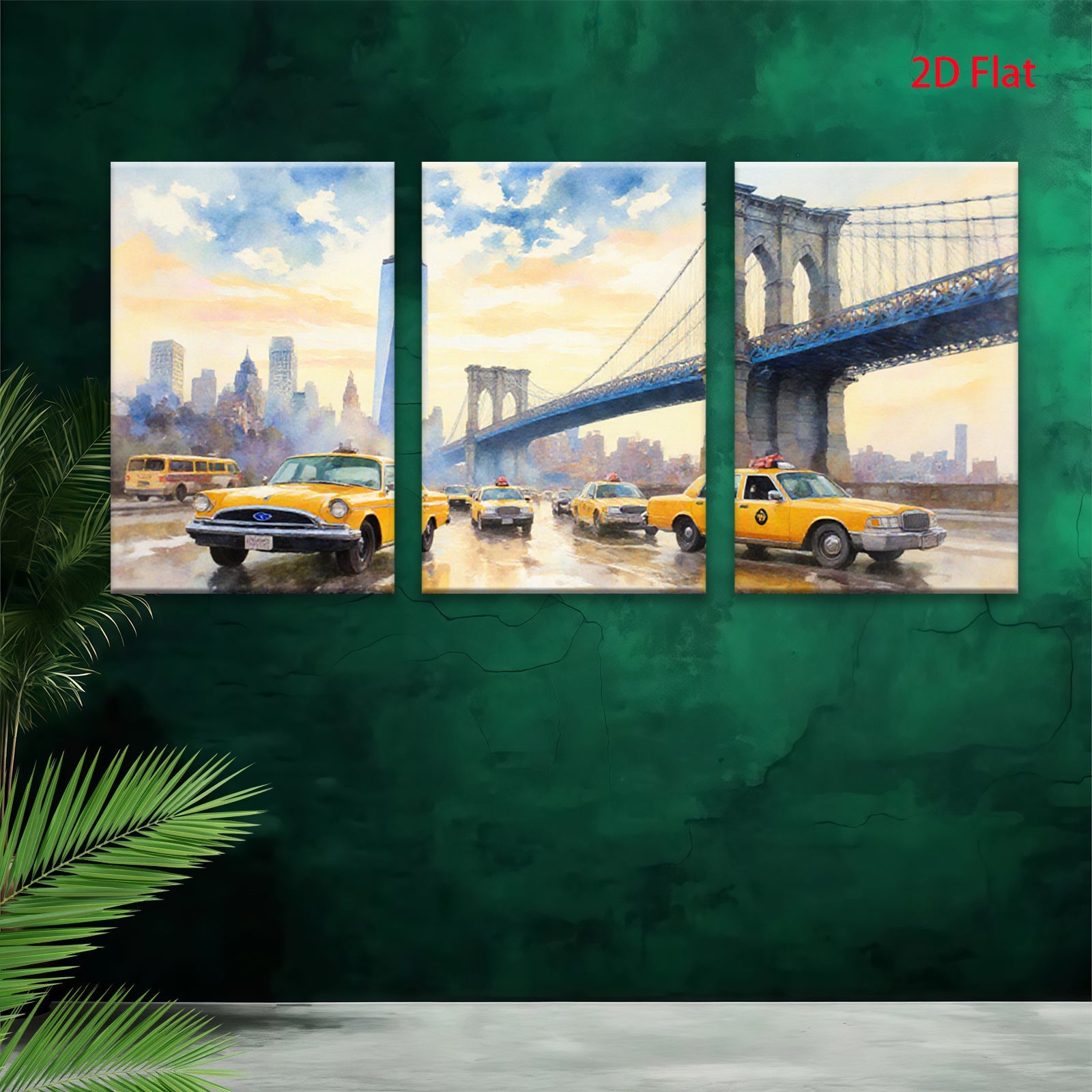 2D flat 1pc New York City Taxi Brooklyn Bridge vibrant cityscape wall art bedroom living room modern farmhouse decor