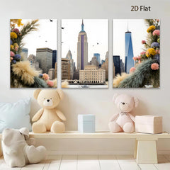2D flat 1pc New York City skyline framed by vibrant floral bouquet modern farmhouse wall art living room bedroom decor canvas prints inspirational artwork