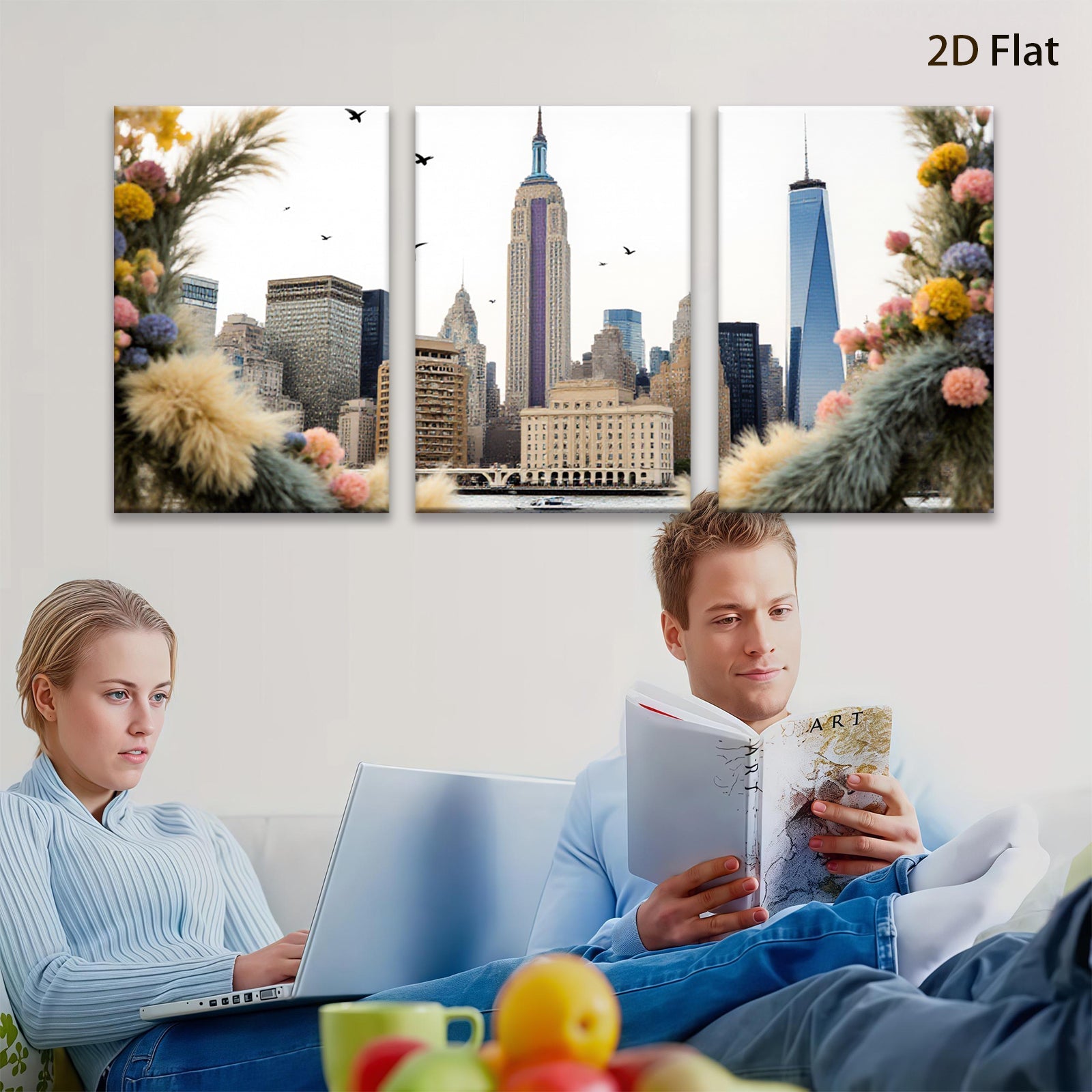 2D flat 1pc New York City skyline framed by vibrant floral bouquet modern farmhouse wall art living room bedroom decor canvas prints inspirational artwork