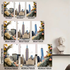 2D flat 1pc New York City skyline framed by vibrant floral bouquet modern farmhouse wall art living room bedroom decor canvas prints inspirational artwork