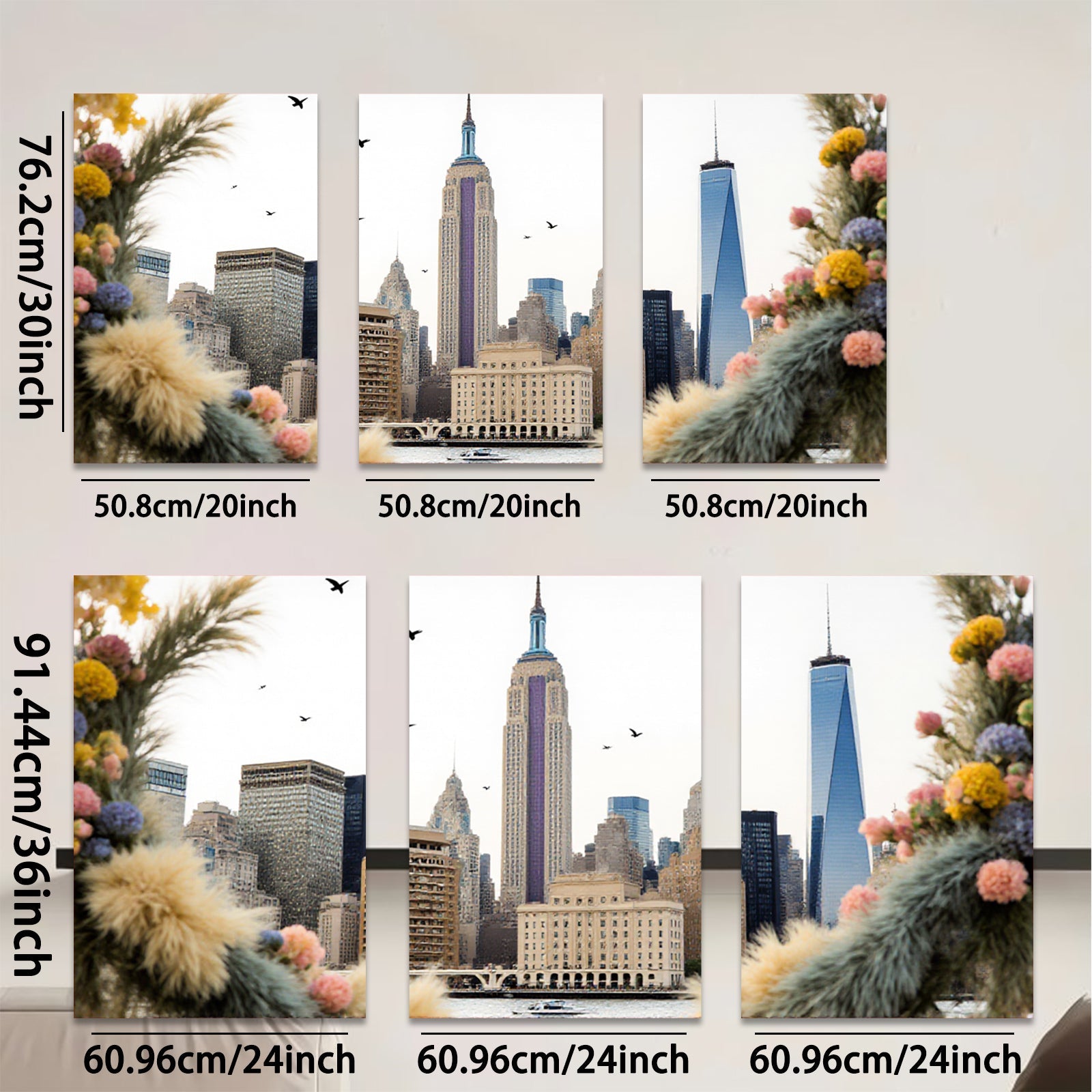 2D flat 1pc New York City skyline framed by vibrant floral bouquet modern farmhouse wall art living room bedroom decor canvas prints inspirational artwork