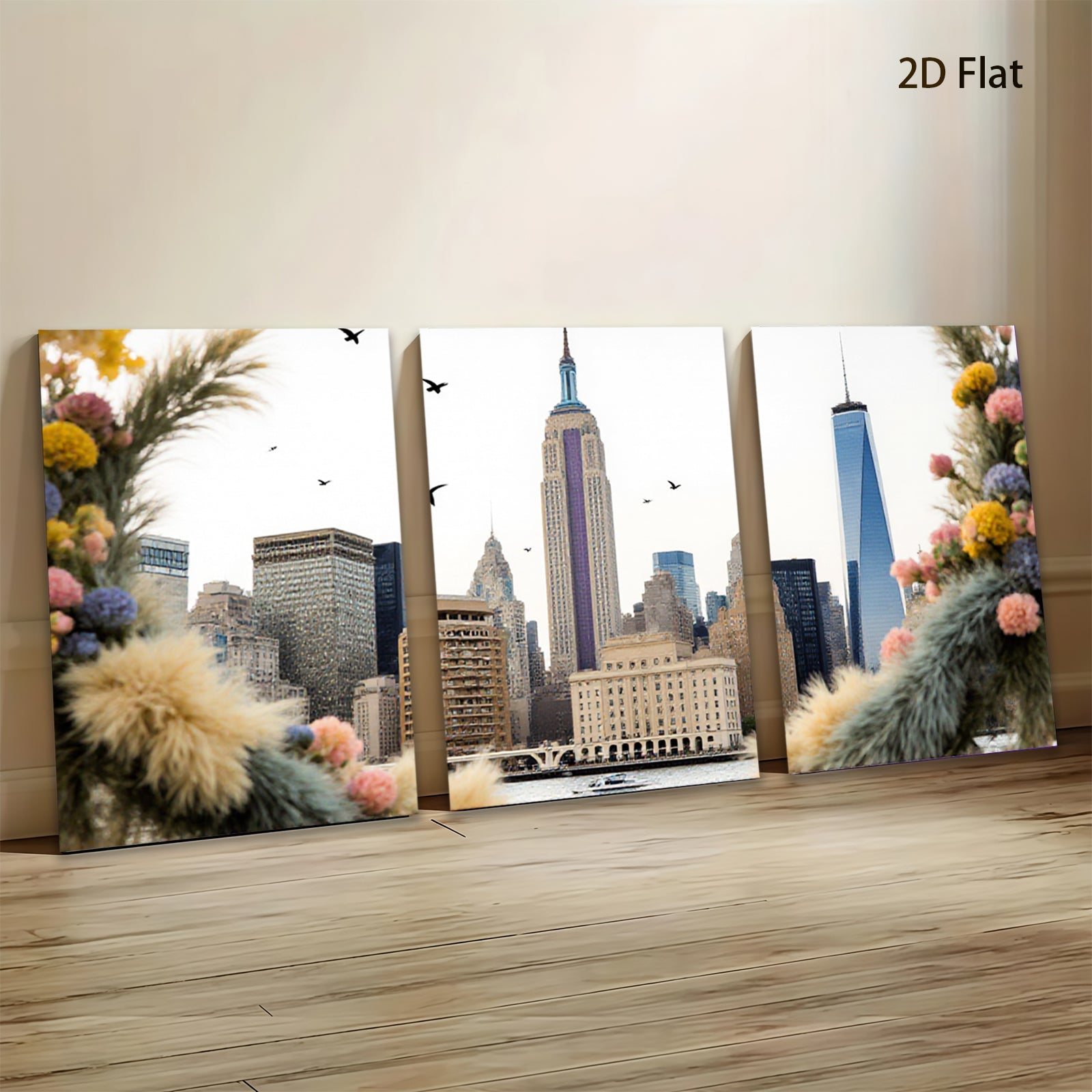 2D flat 1pc New York City skyline framed by vibrant floral bouquet modern farmhouse wall art living room bedroom decor canvas prints inspirational artwork