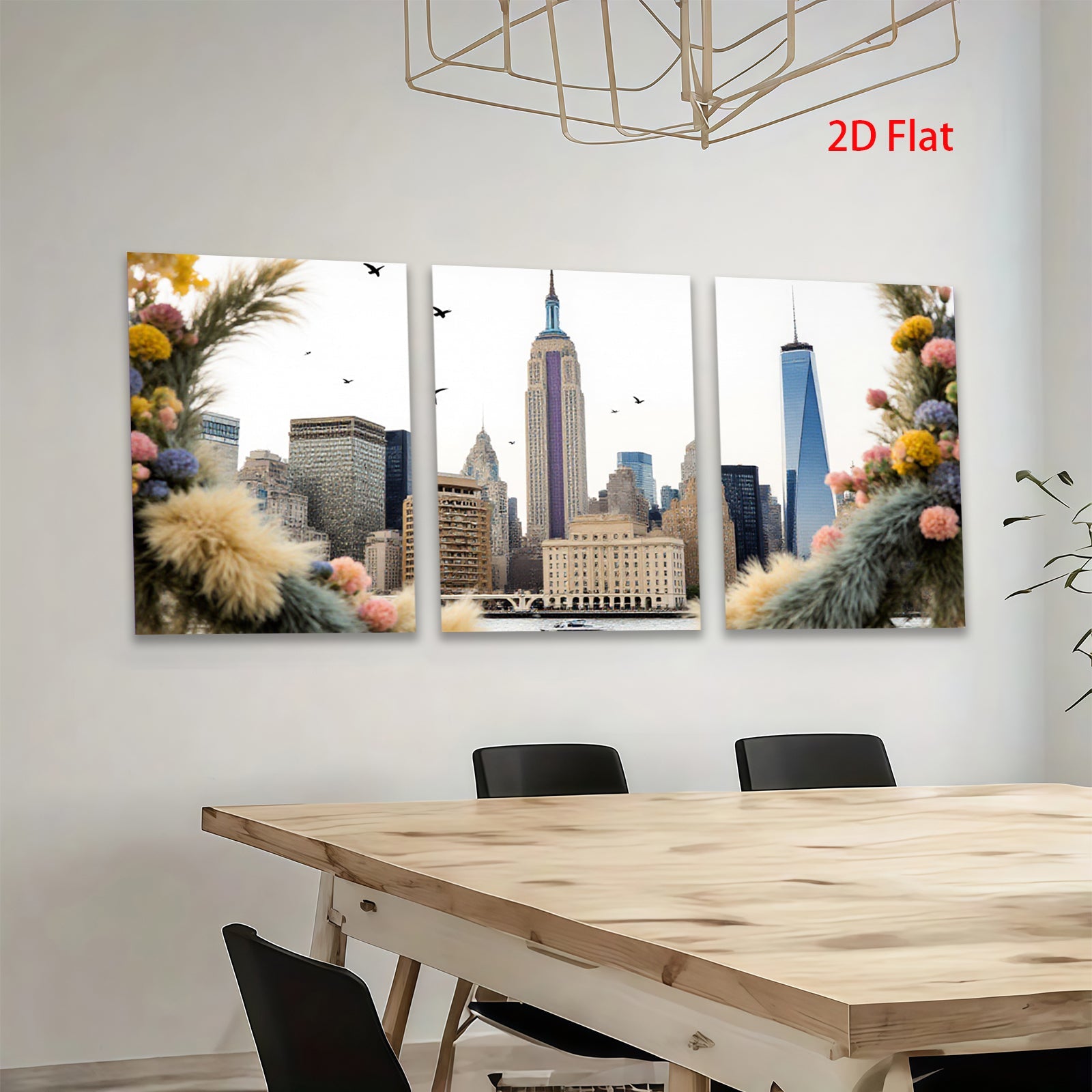 2D flat 1pc New York City skyline framed by vibrant floral bouquet modern farmhouse wall art living room bedroom decor canvas prints inspirational artwork